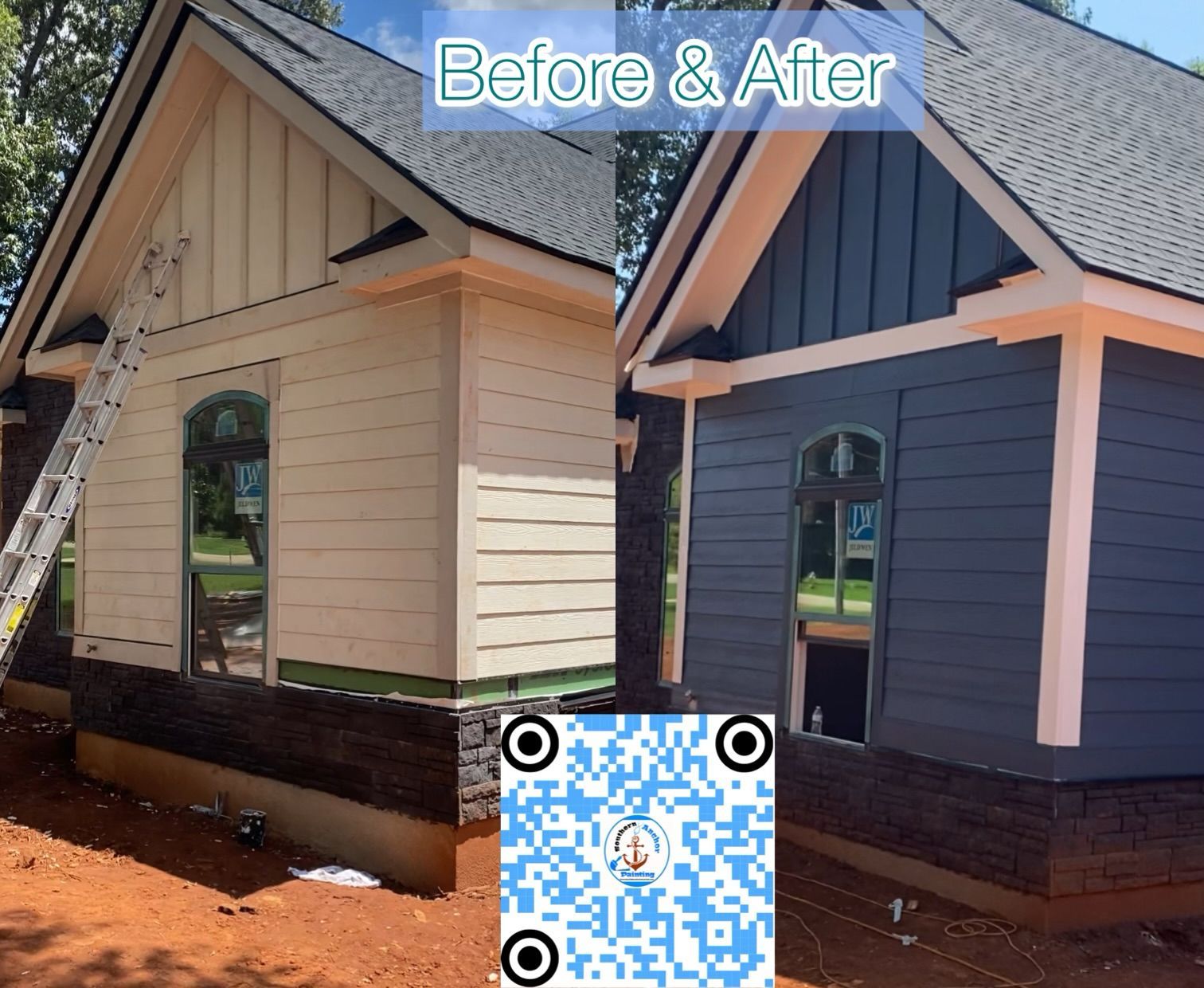 Before and after shot of a house exterior. The original is beige; the updated version is blue with white trim.