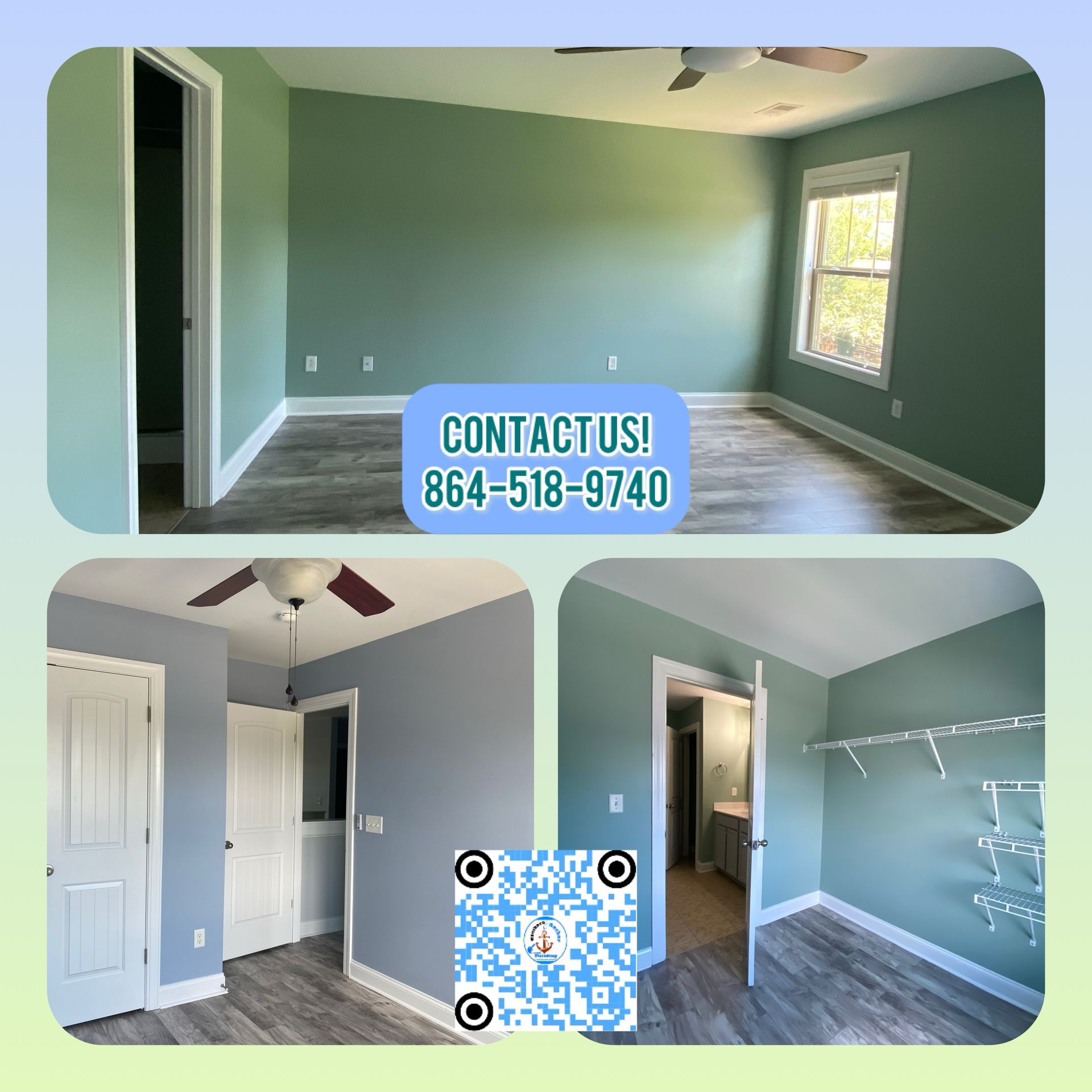 Three rooms with blue-green walls, white trim, and wood floors. Contact info: 864-518-9740 & QR code included.
