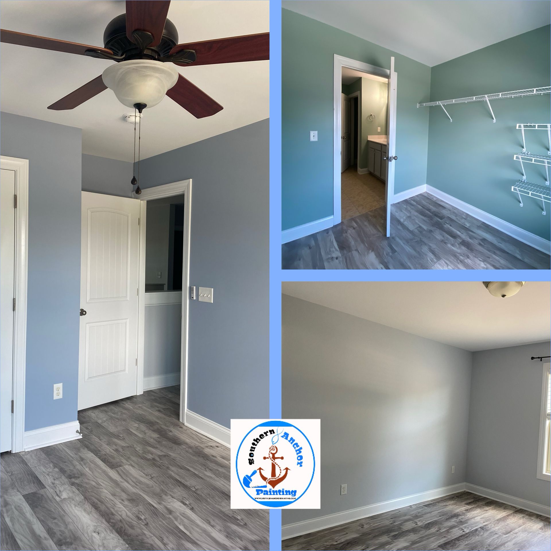 Three rooms with light blue walls, white trim, and wood-look floors.