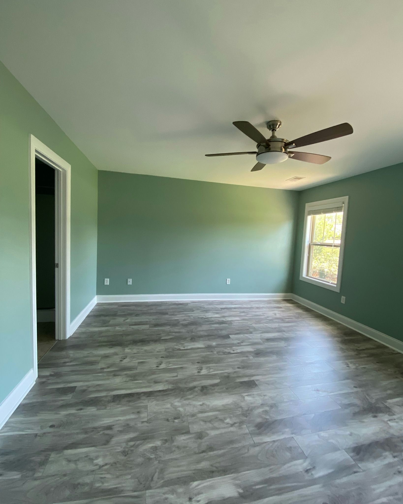 Empty room with green walls, gray floor, and ceiling fan. Door on the left and window on the right.