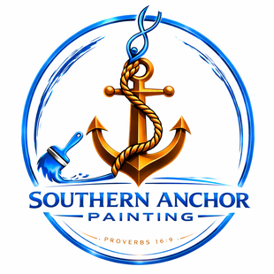 Southern Anchor Painting logo: Brown anchor with white rope, blue paintbrush, blue circle border, text.