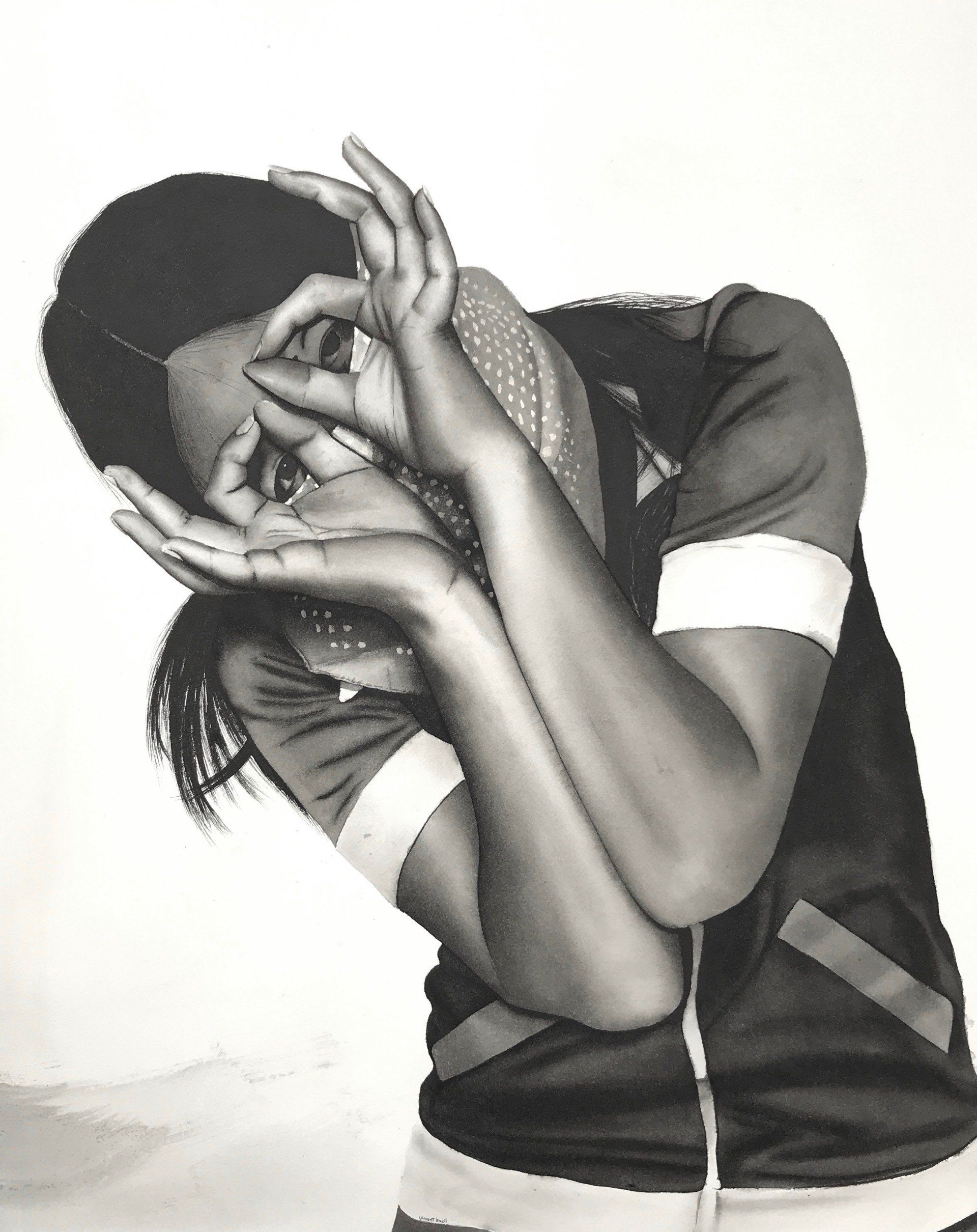 A black and white photo of a man covering his face with his hands