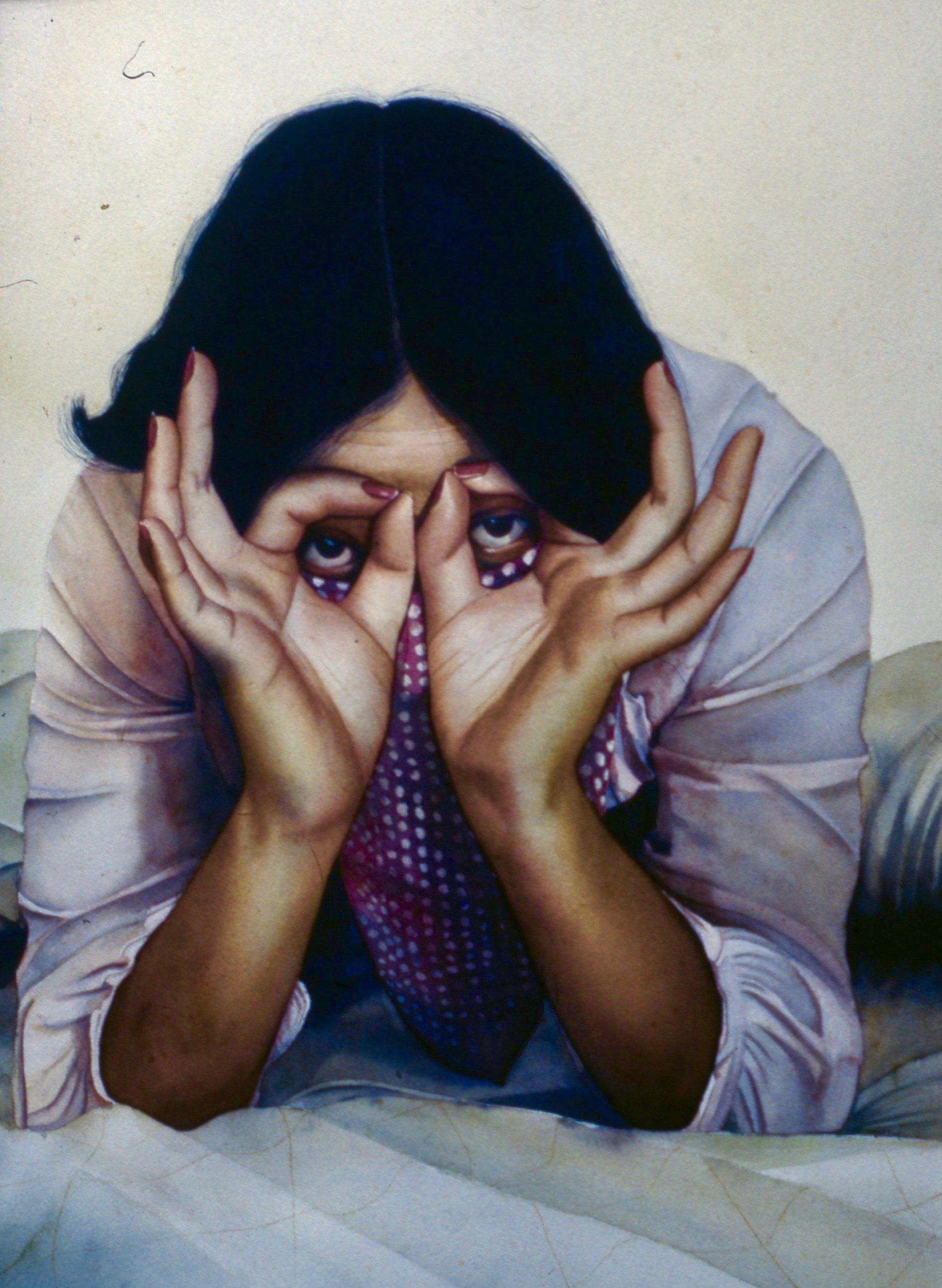 A painting of a woman covering her face with her hands
