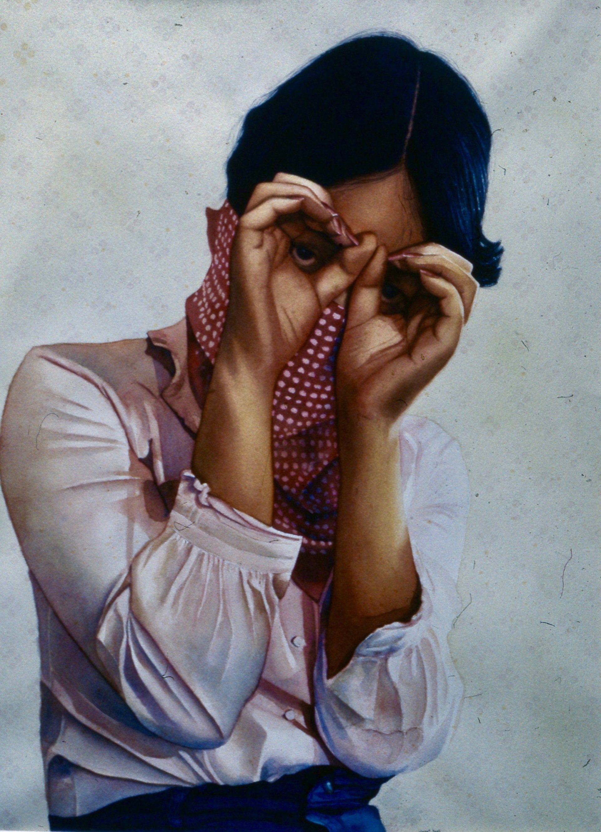 A painting of a woman covering her face with her hands