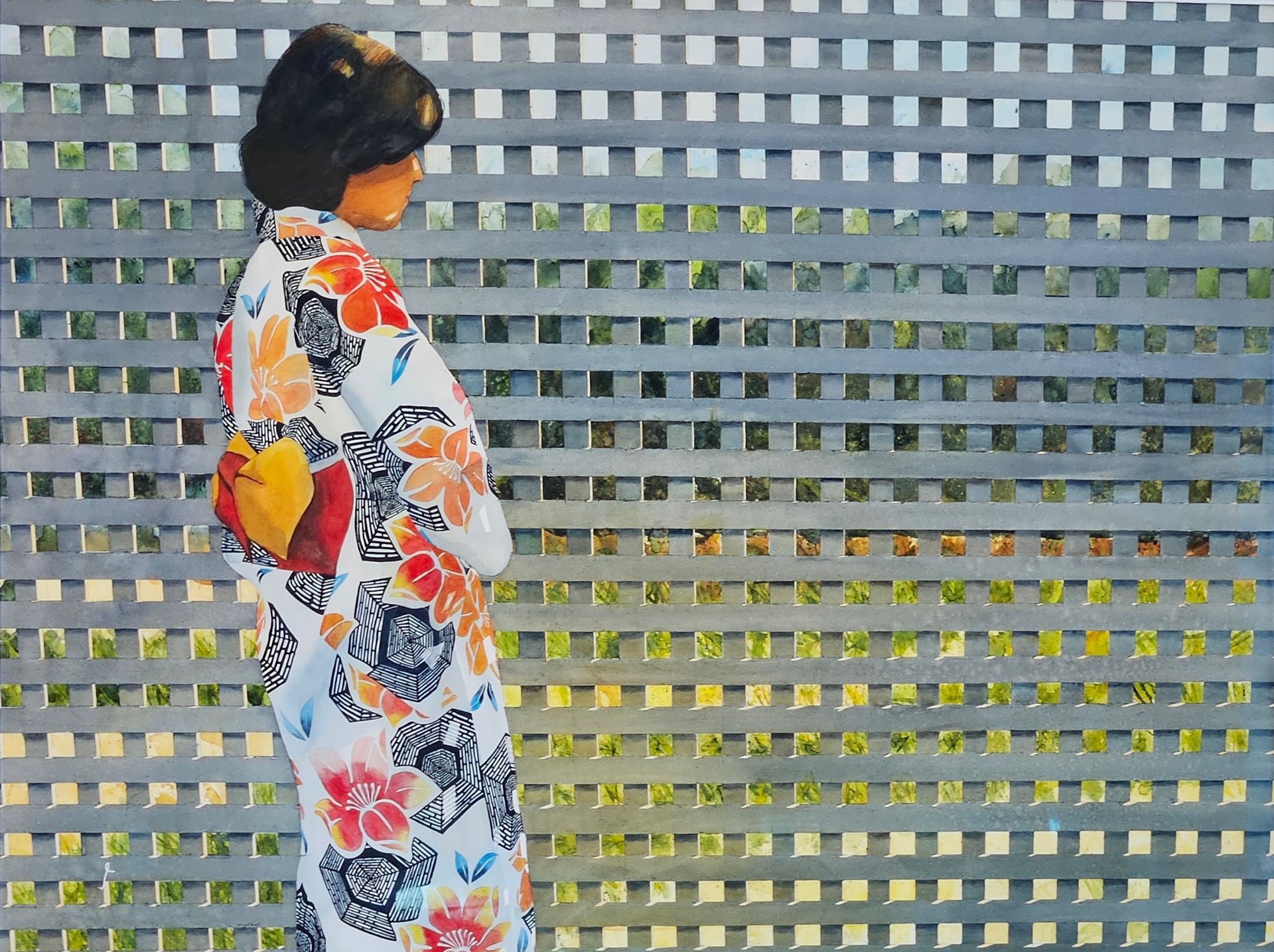 A painting of a woman in a kimono standing in front of a fence.