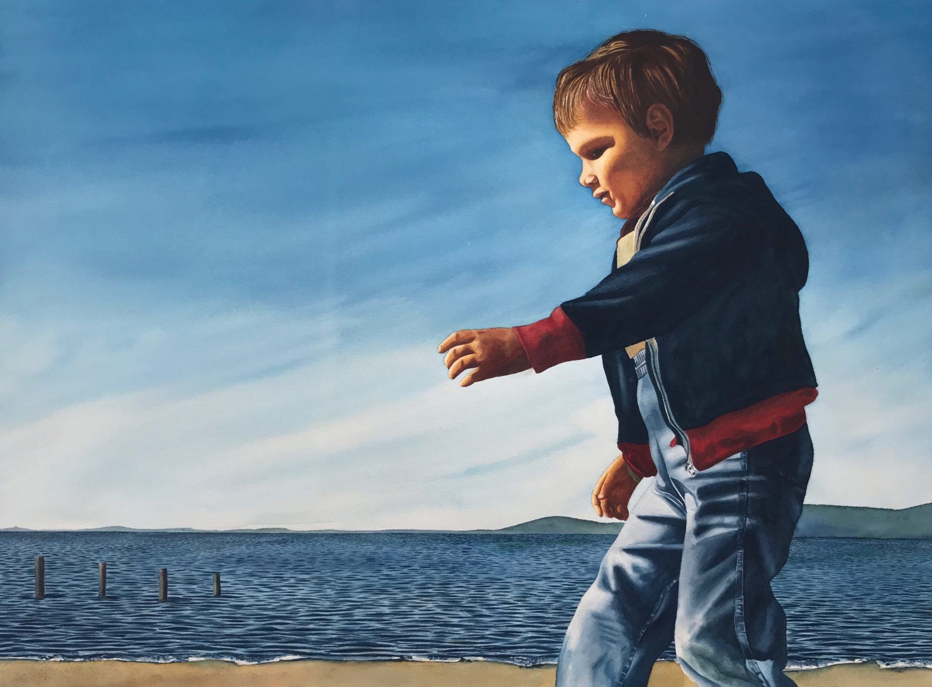 A painting of a young boy walking by the ocean