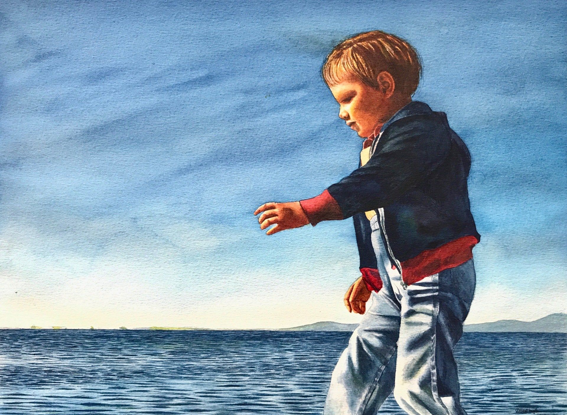 A watercolor painting of a young boy walking on the beach.
