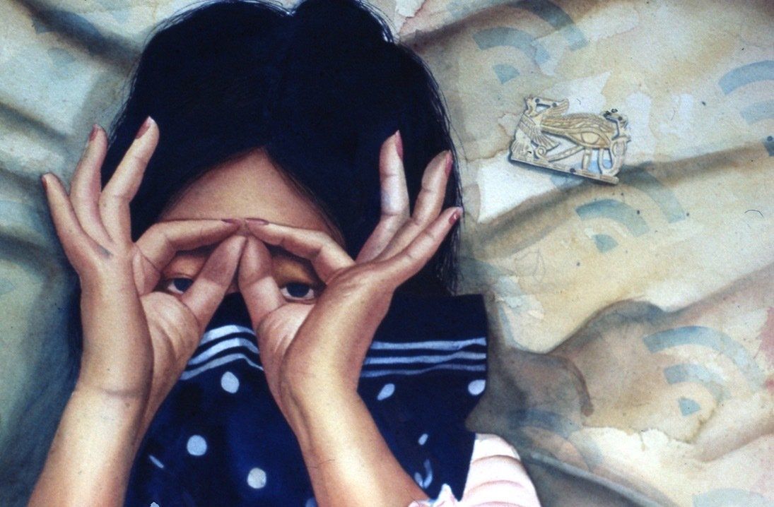 A painting of a girl covering her face with her hands