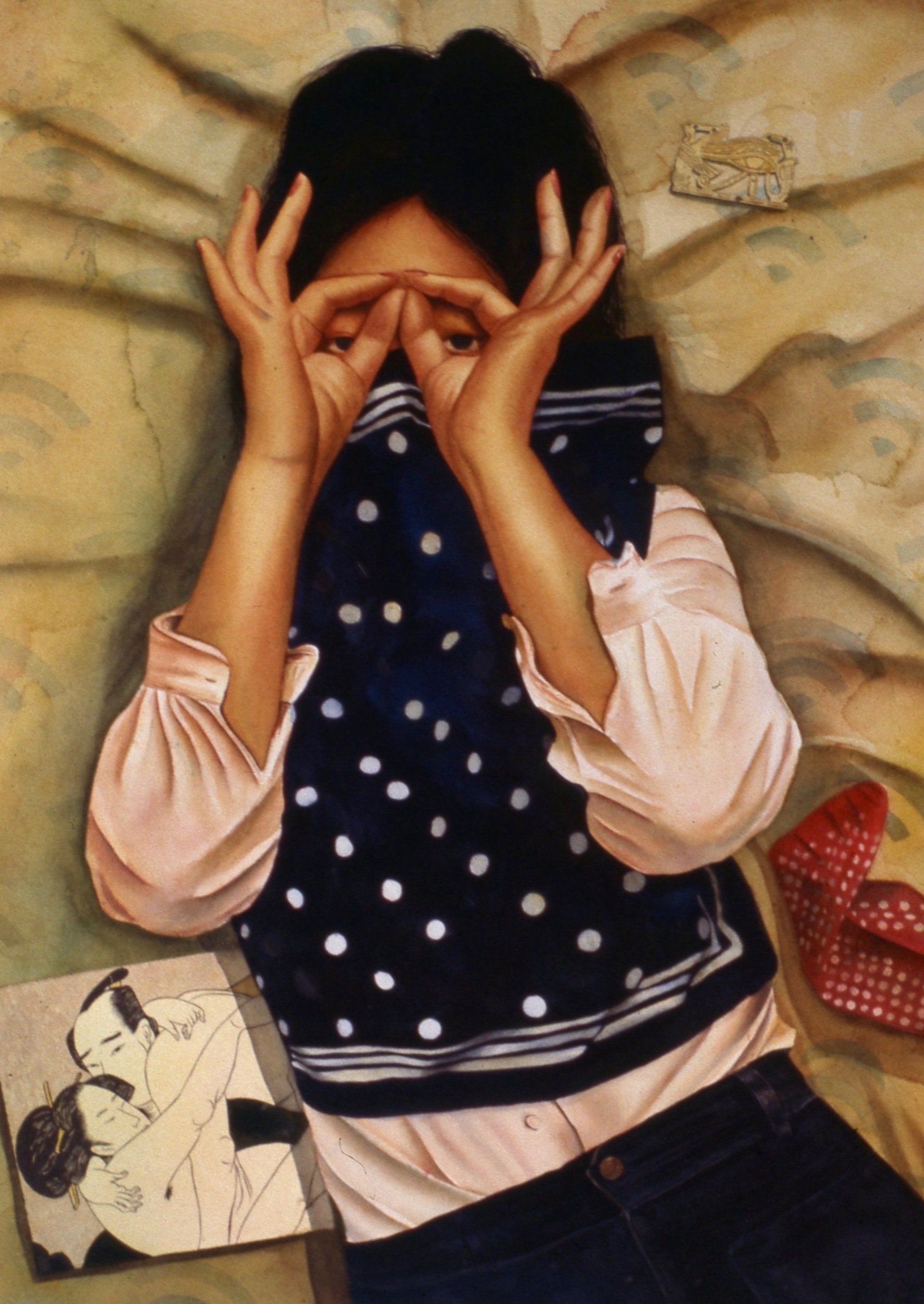 A painting of a girl covering her face with her hands
