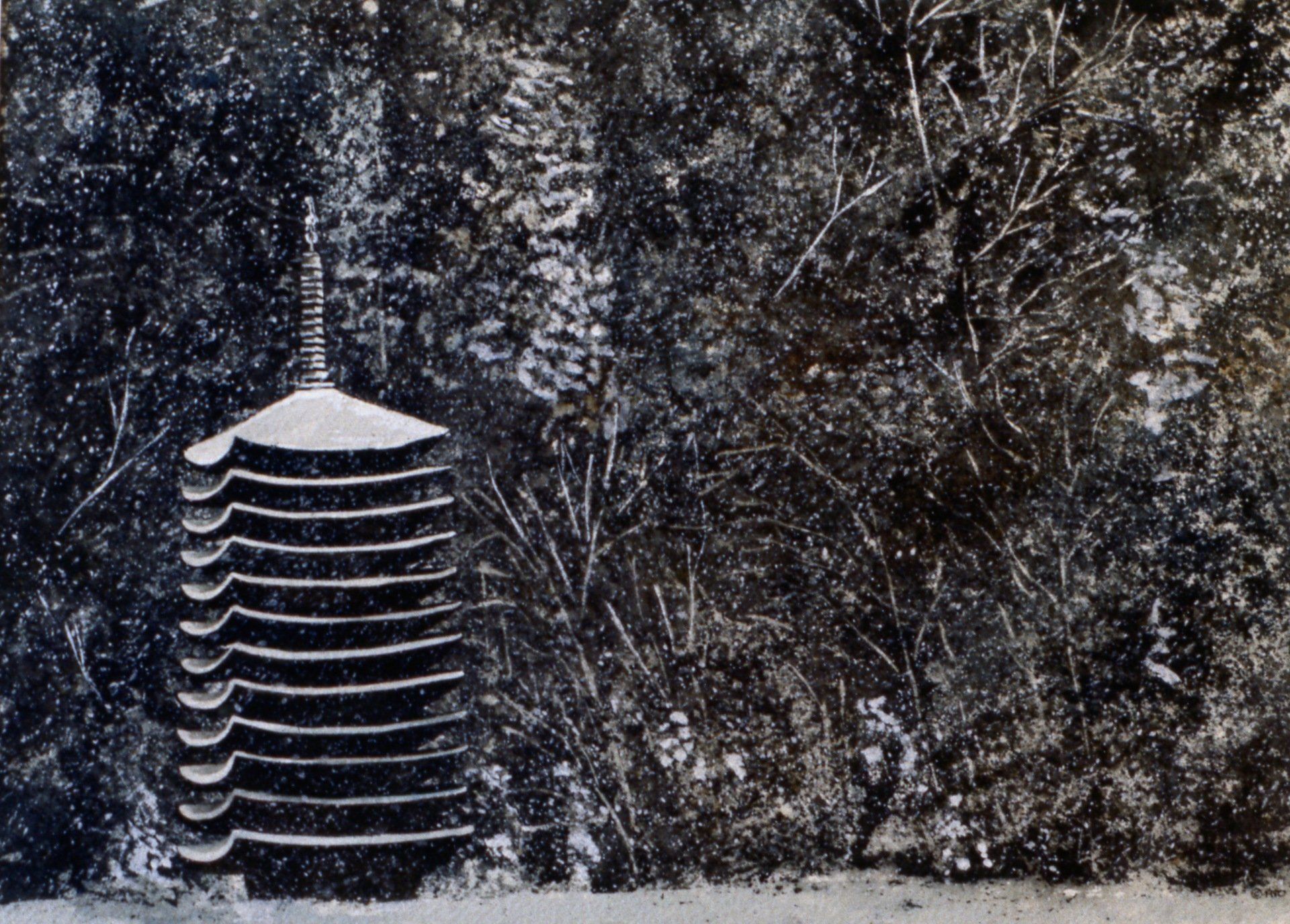 A black and white photo of a pagoda in the snow