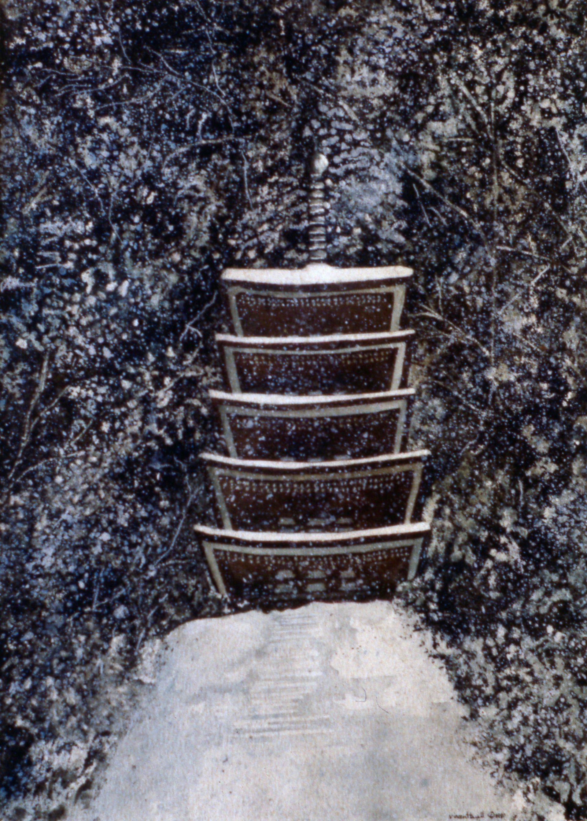 A black and white painting of a tower in the snow