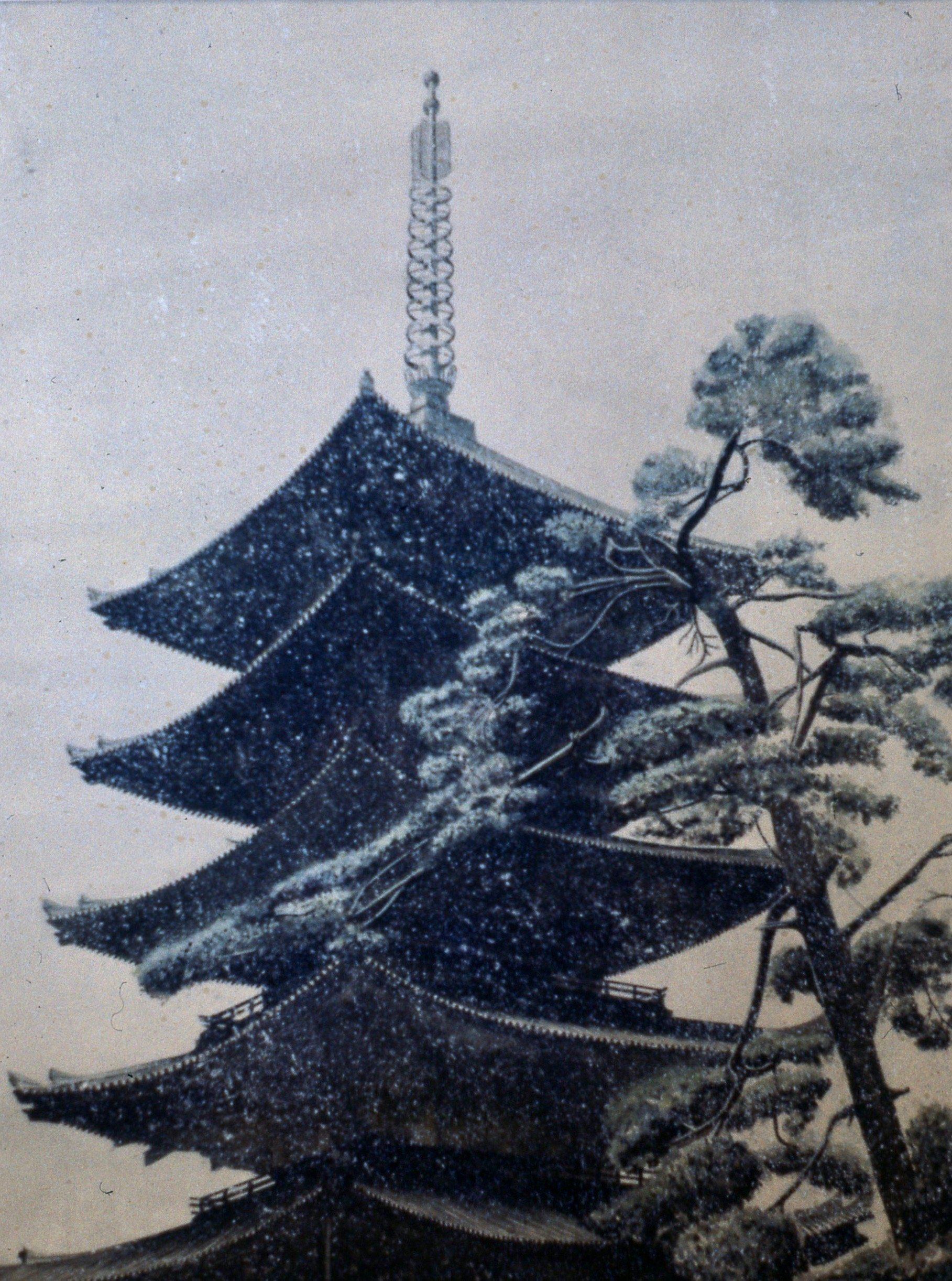 A black and white painting of a pagoda with trees in the foreground