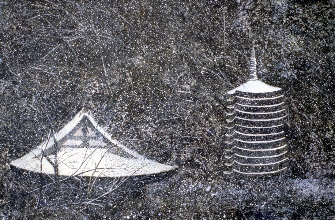 A black and white painting of a tent and a tower in the snow.