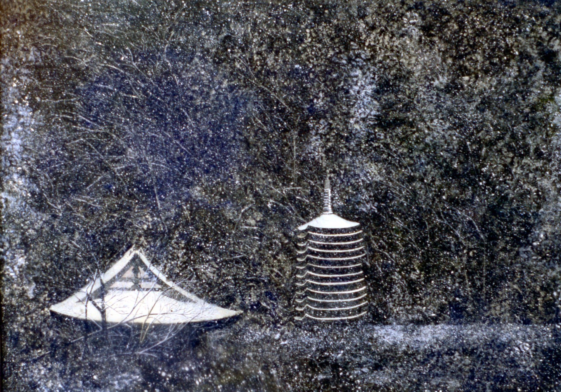A black and white painting of a tent and a tower.
