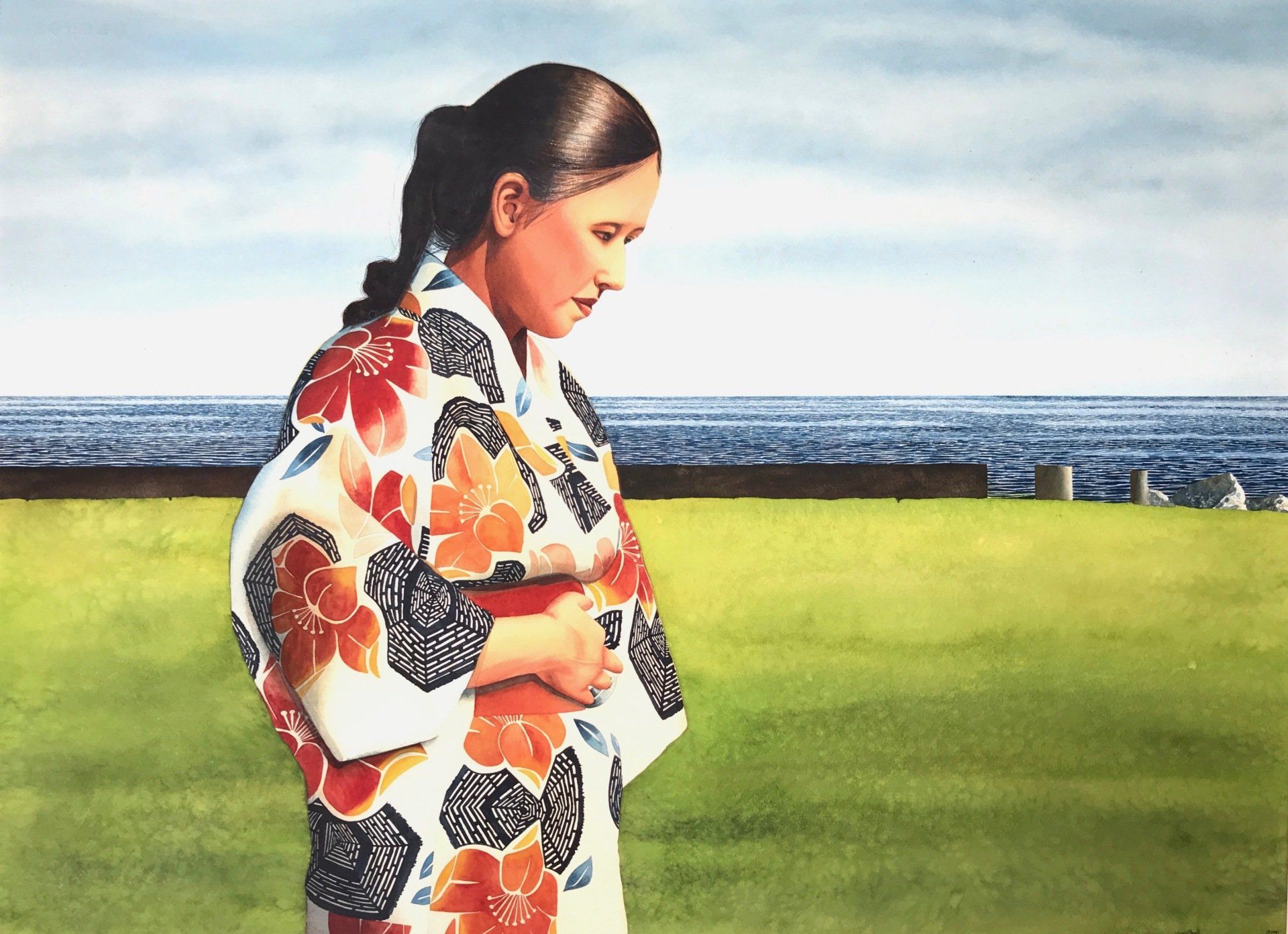 A painting of a woman in a kimono with the ocean in the background