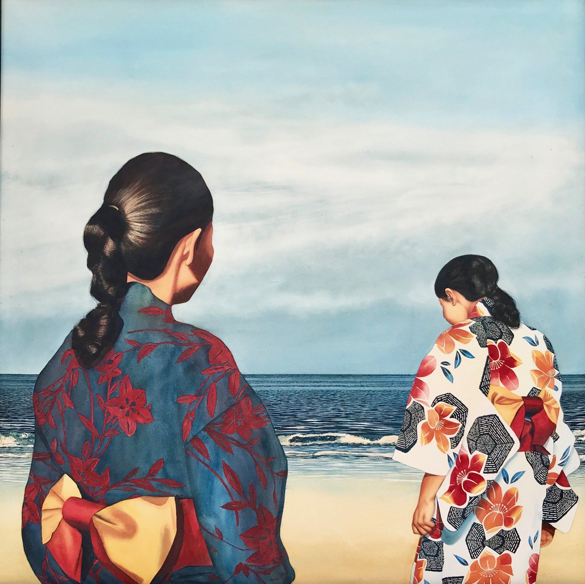 A painting of two women in kimonos on a beach