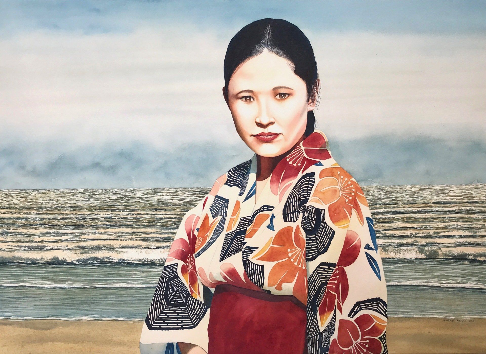 A painting of a woman in a kimono on the beach