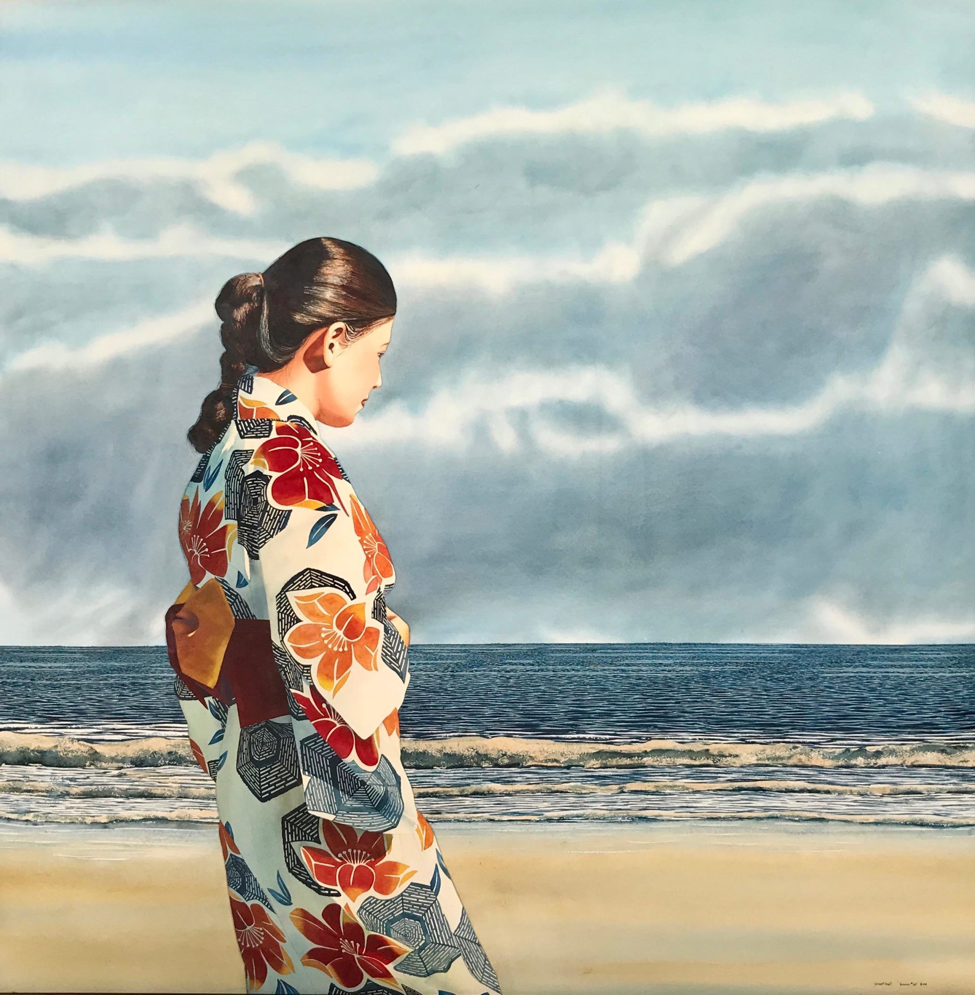 A painting of a woman in a kimono on the beach