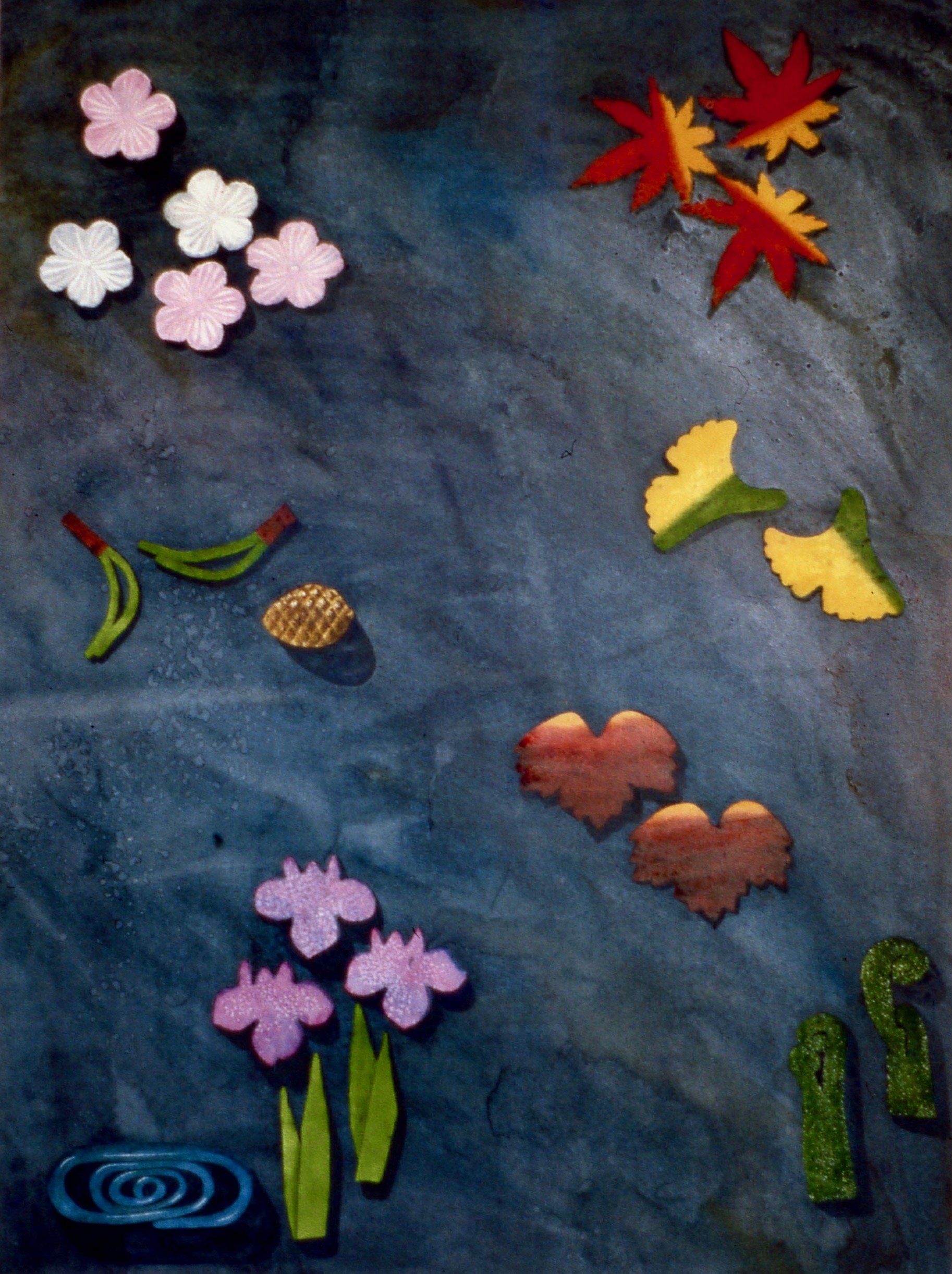 A painting of flowers and leaves on a blue background