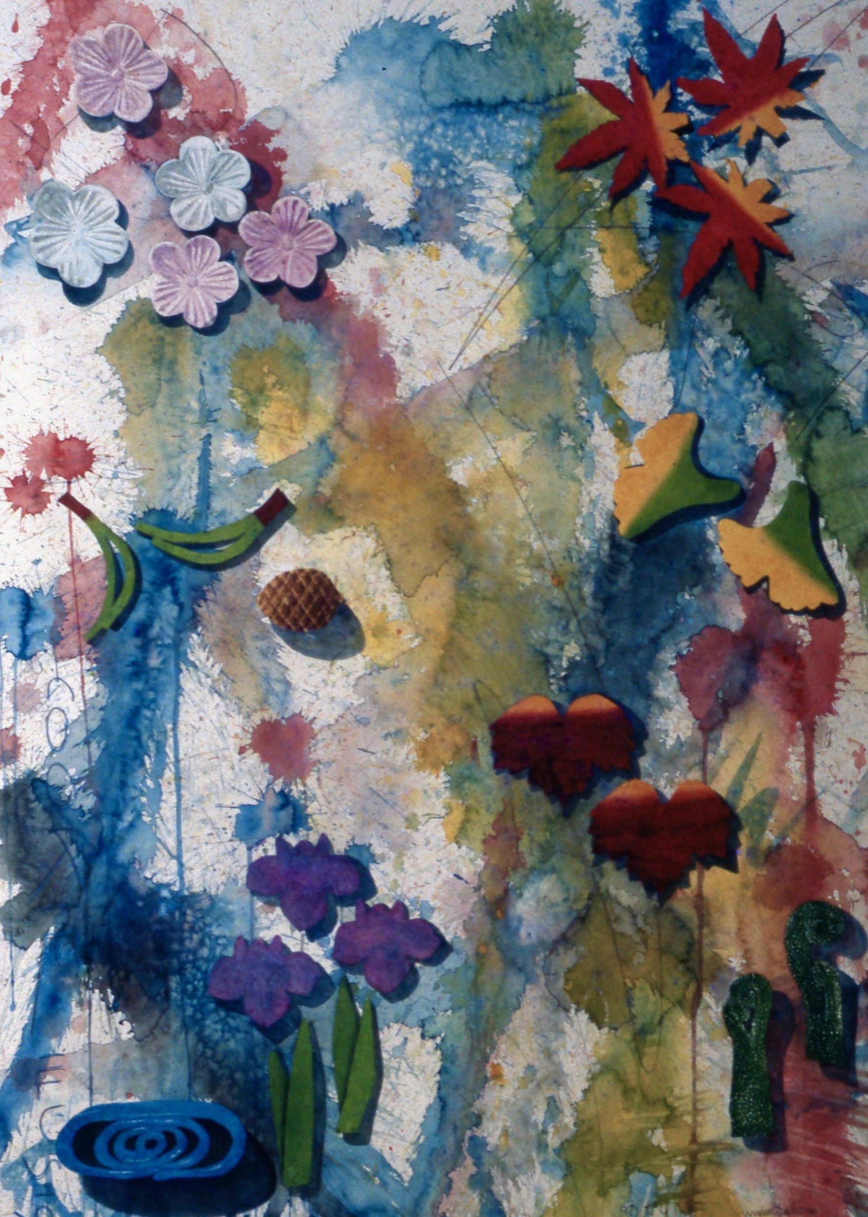 A colorful painting with flowers and leaves on a white background