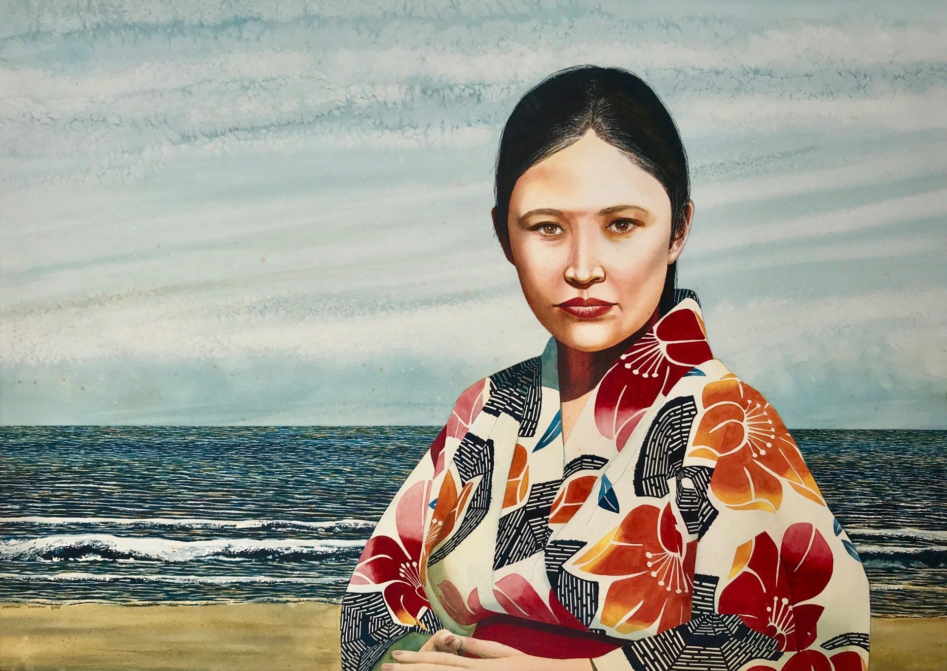 A painting of a woman in a kimono on the beach