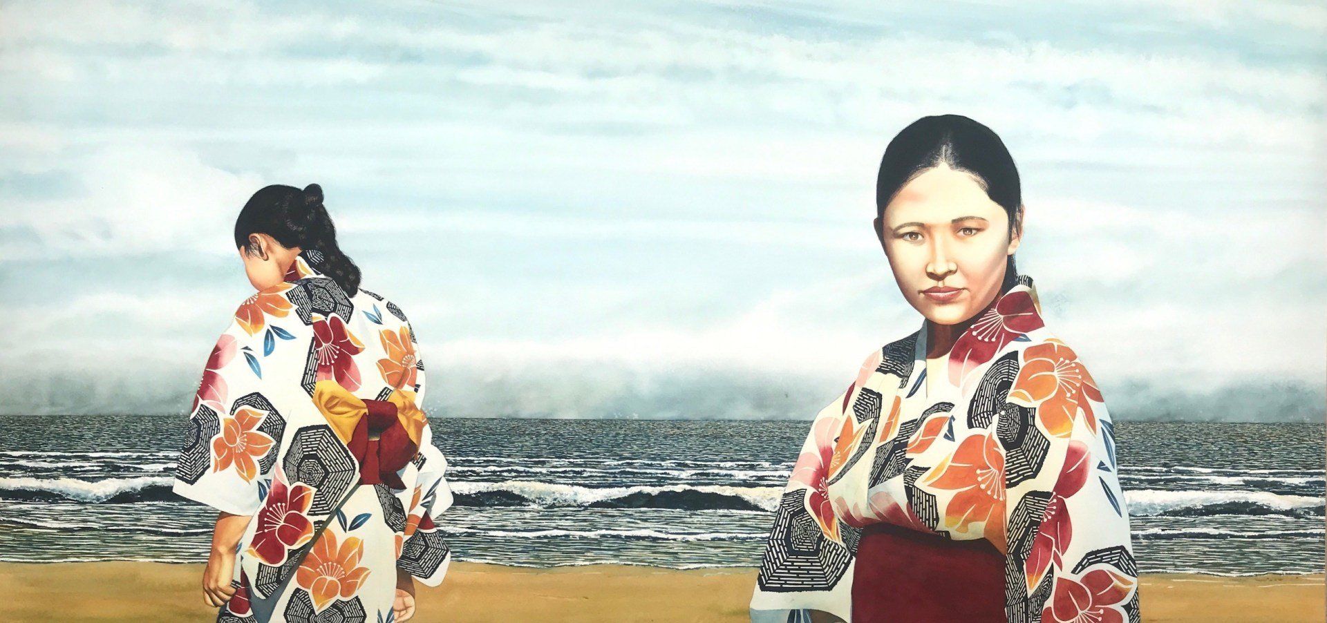 A painting of two women in kimonos standing on a beach