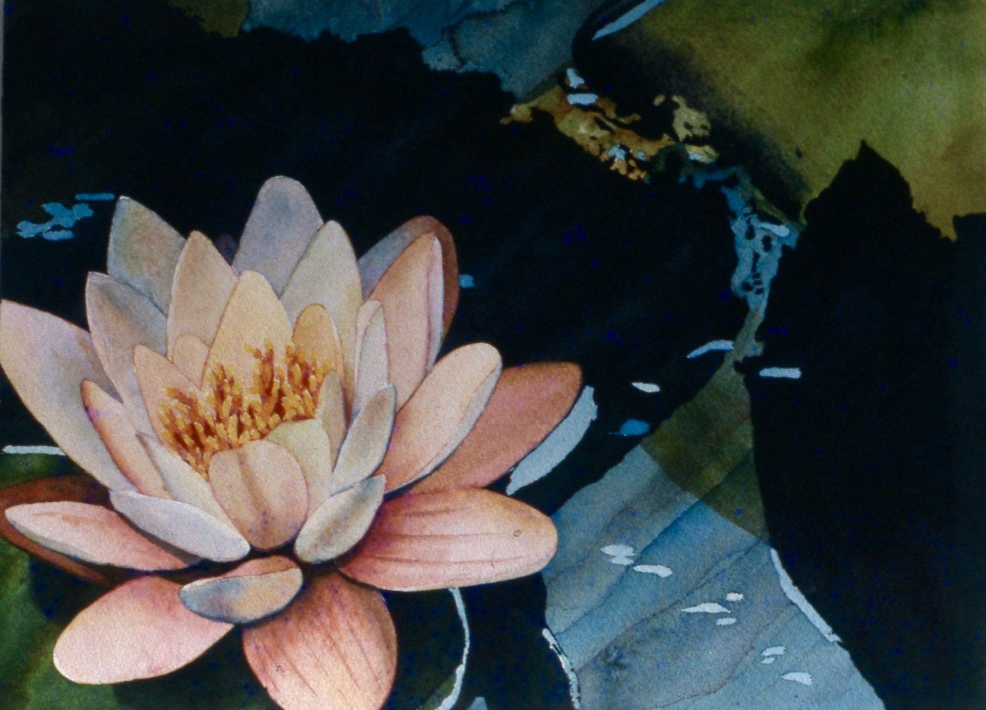 A painting of a lotus flower in a pond
