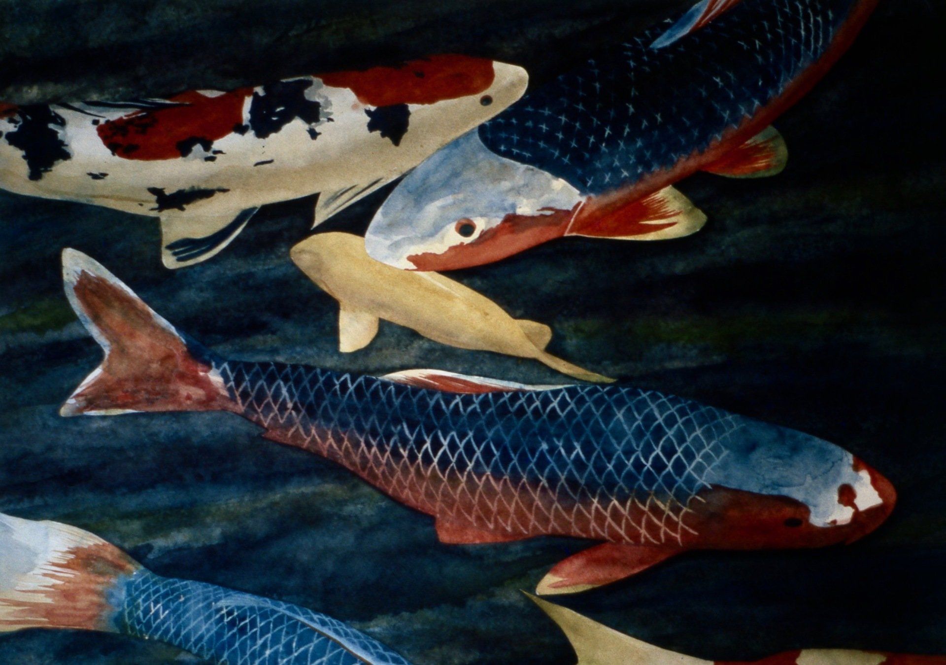 A painting of a group of fish swimming in the water