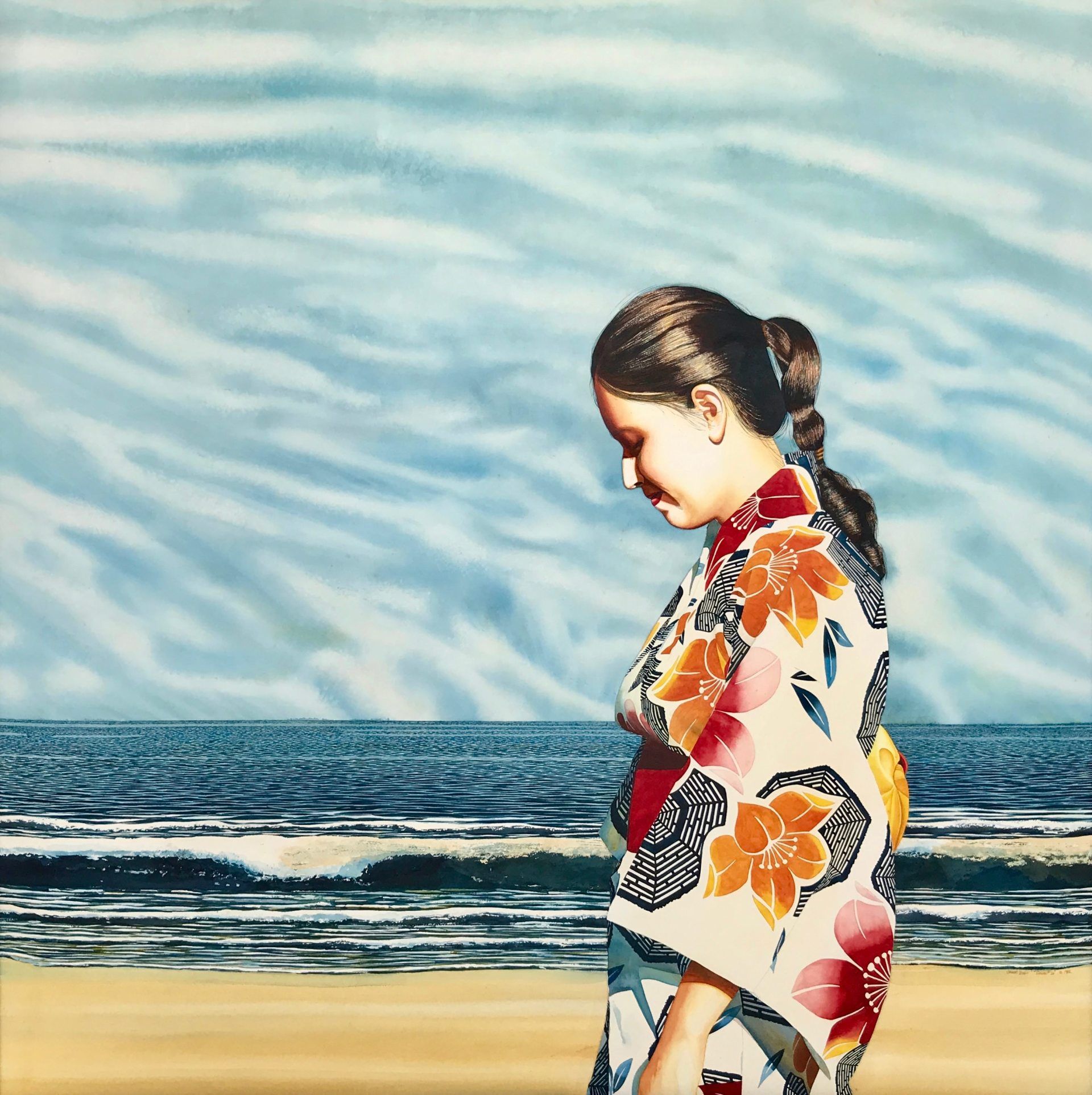A painting of a woman in a kimono on the beach