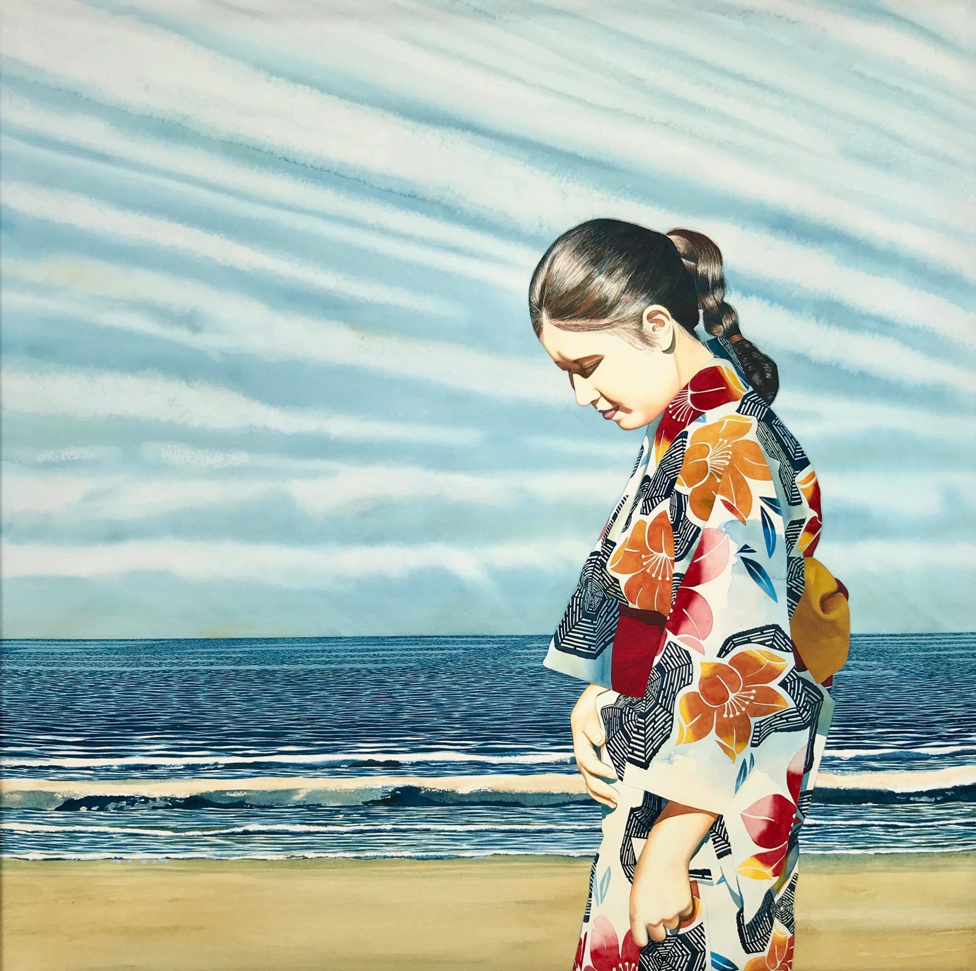 A painting of a woman in a kimono on the beach