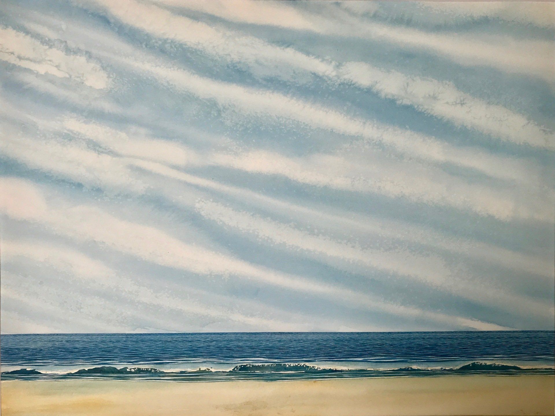 A painting of a beach and the ocean with clouds in the sky