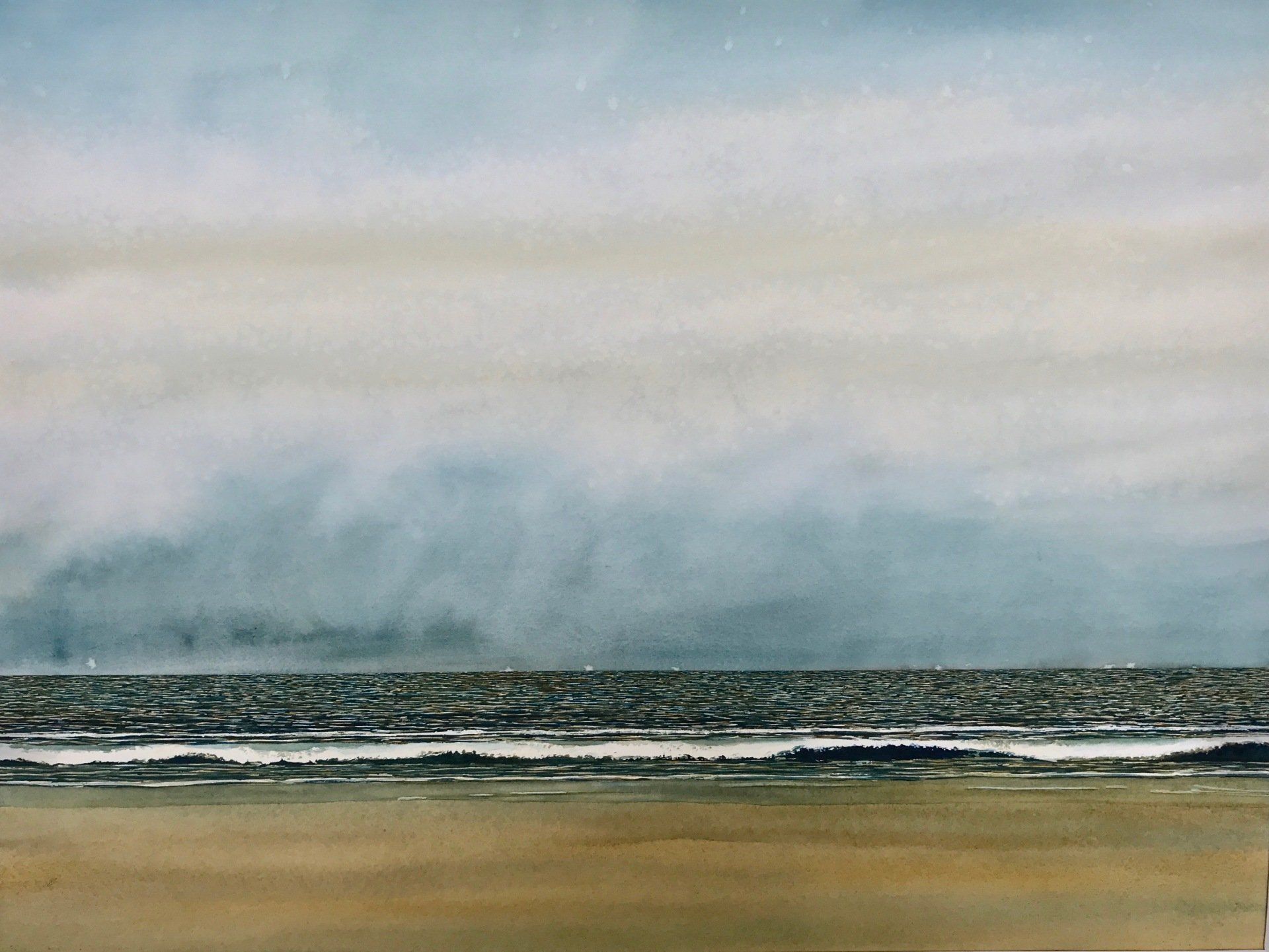 A painting of a beach with the ocean in the background