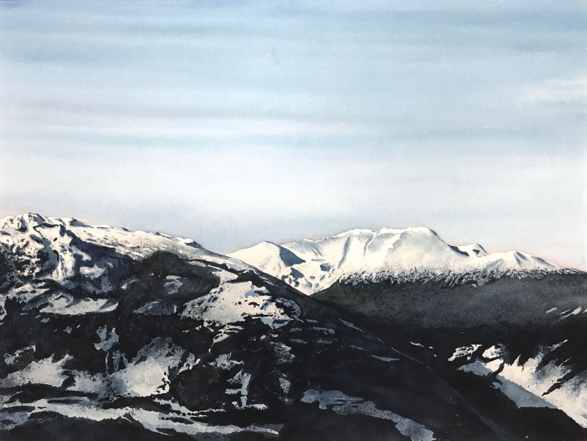 A black and white painting of a snowy mountain range