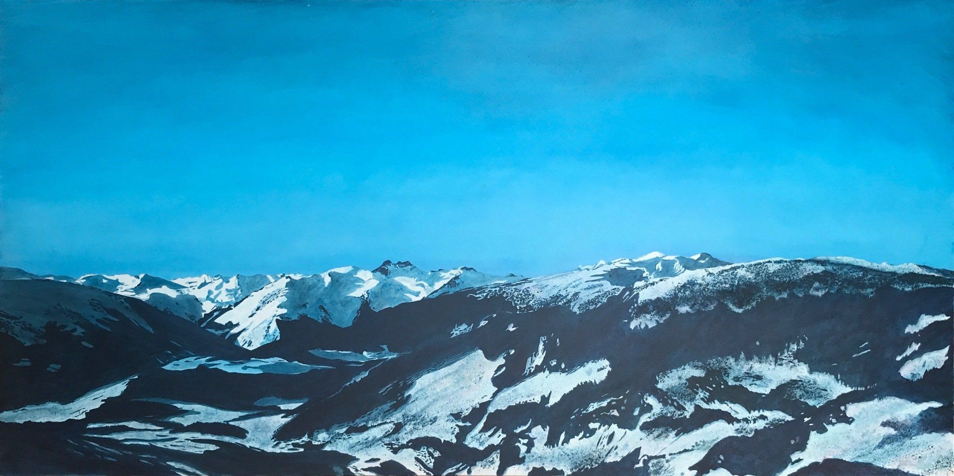 A painting of a snowy mountain range with a blue sky in the background.