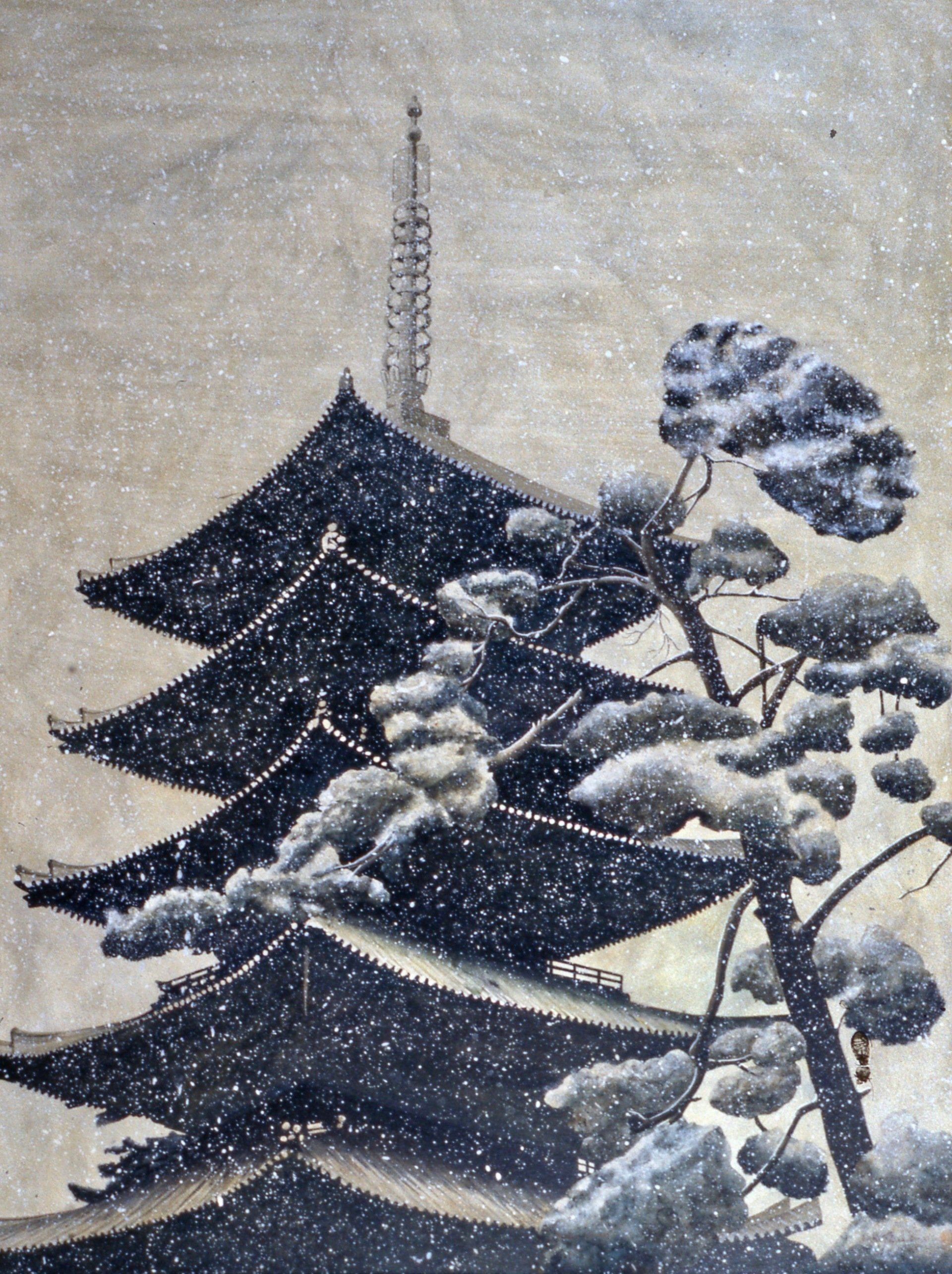 A black and white painting of a pagoda covered in snow