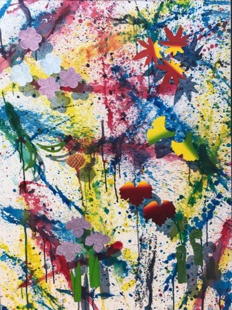 A colorful painting with flowers and leaves on a white background