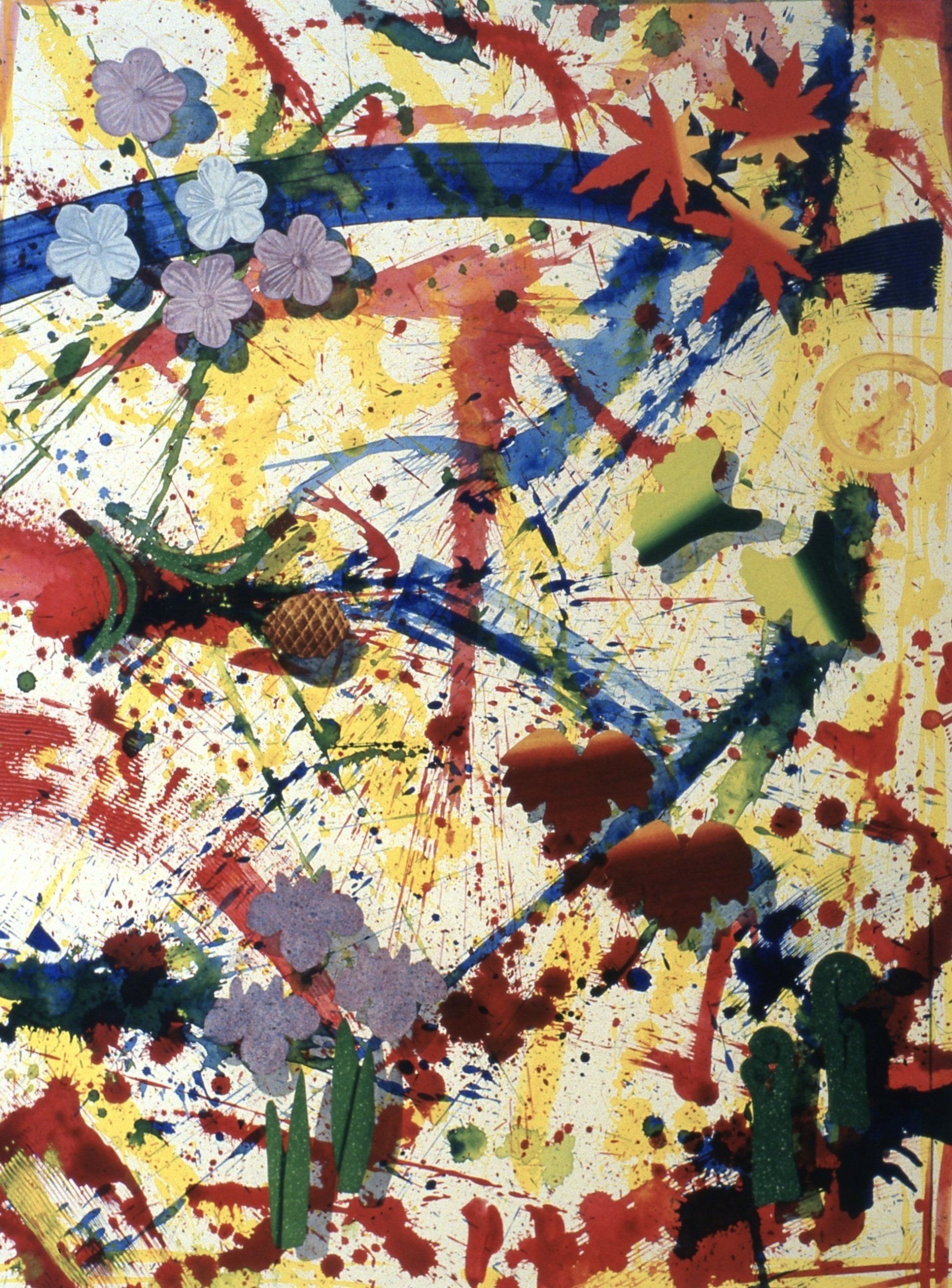 A colorful painting with flowers and leaves on a white background