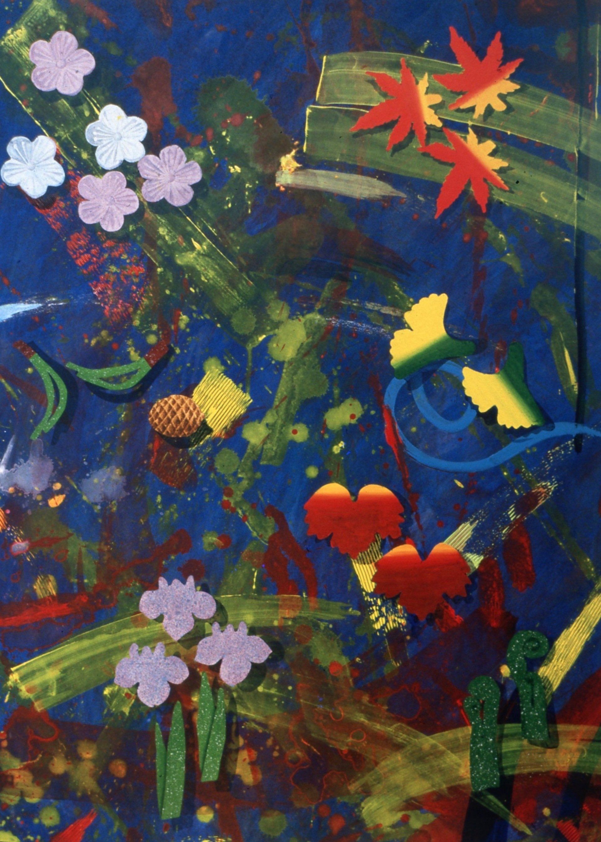 A painting of flowers and leaves on a blue background