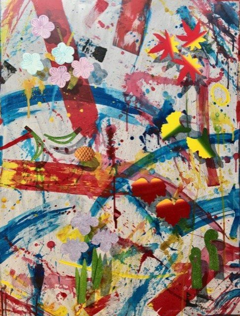 A colorful painting with flowers and hearts on it