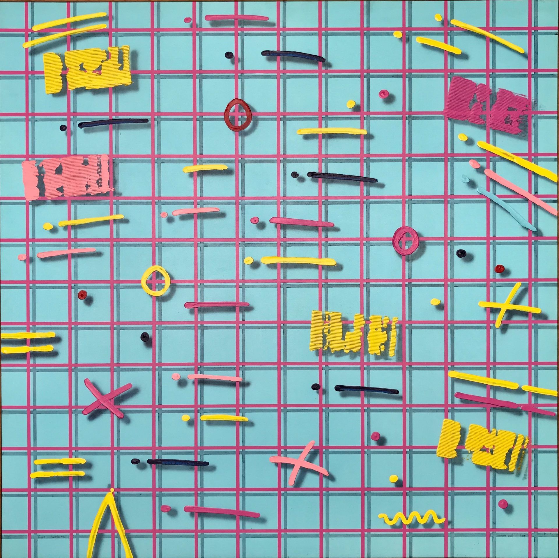 A painting of a blue and pink grid with a lot of colorful objects on it.