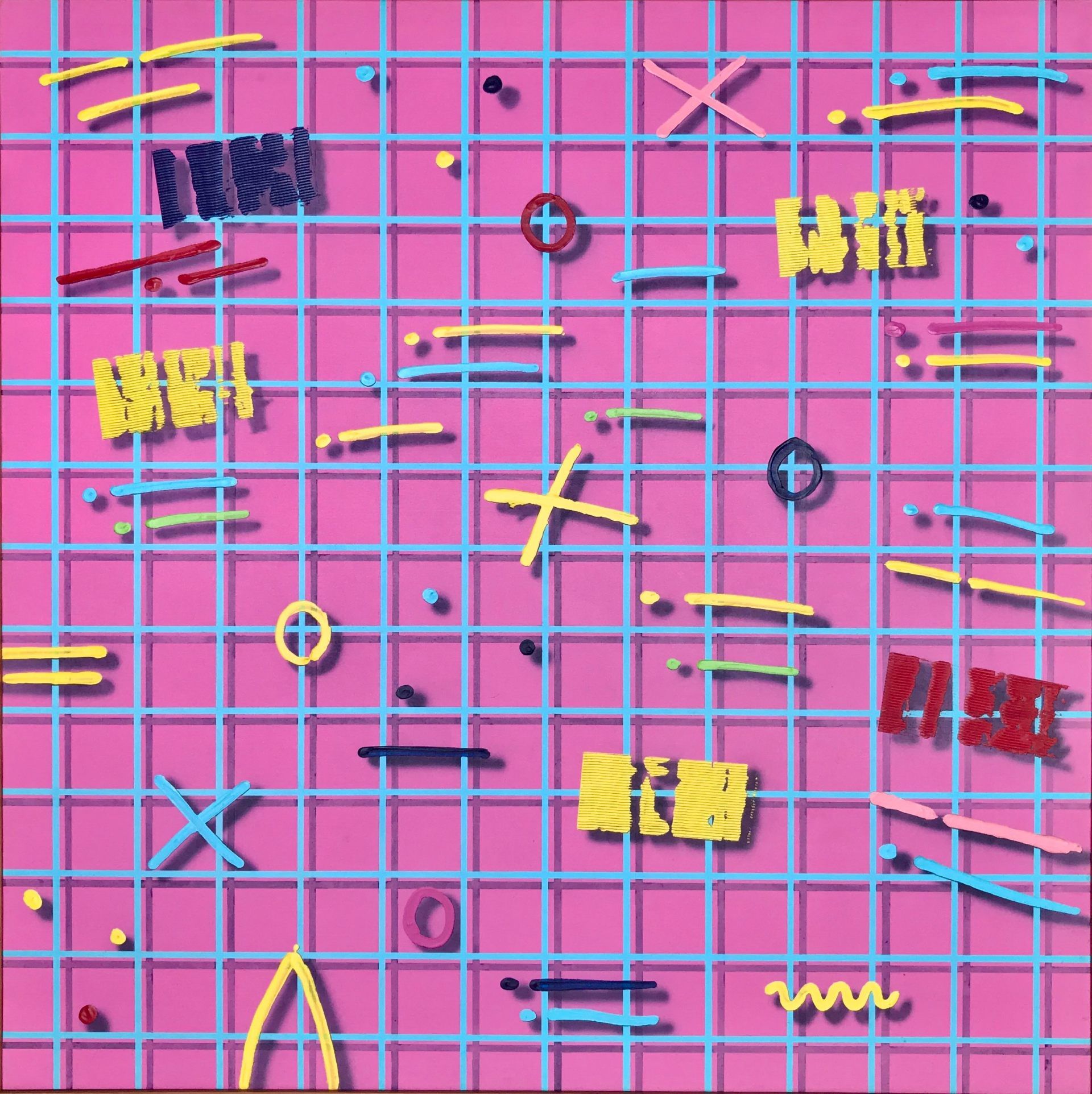 A pink and blue grid with numbers and letters on it.