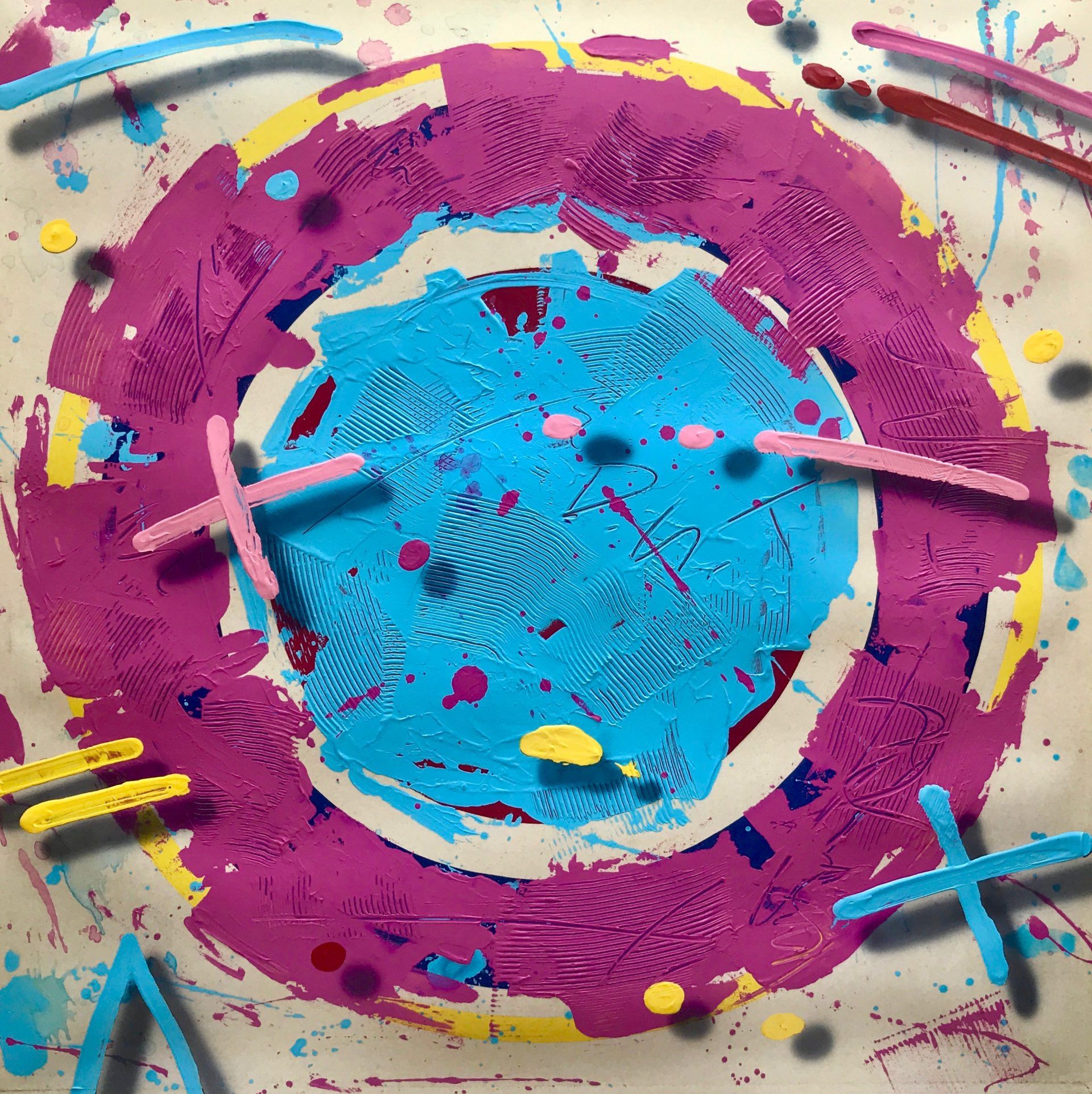 A purple and blue painting with a white circle in the middle