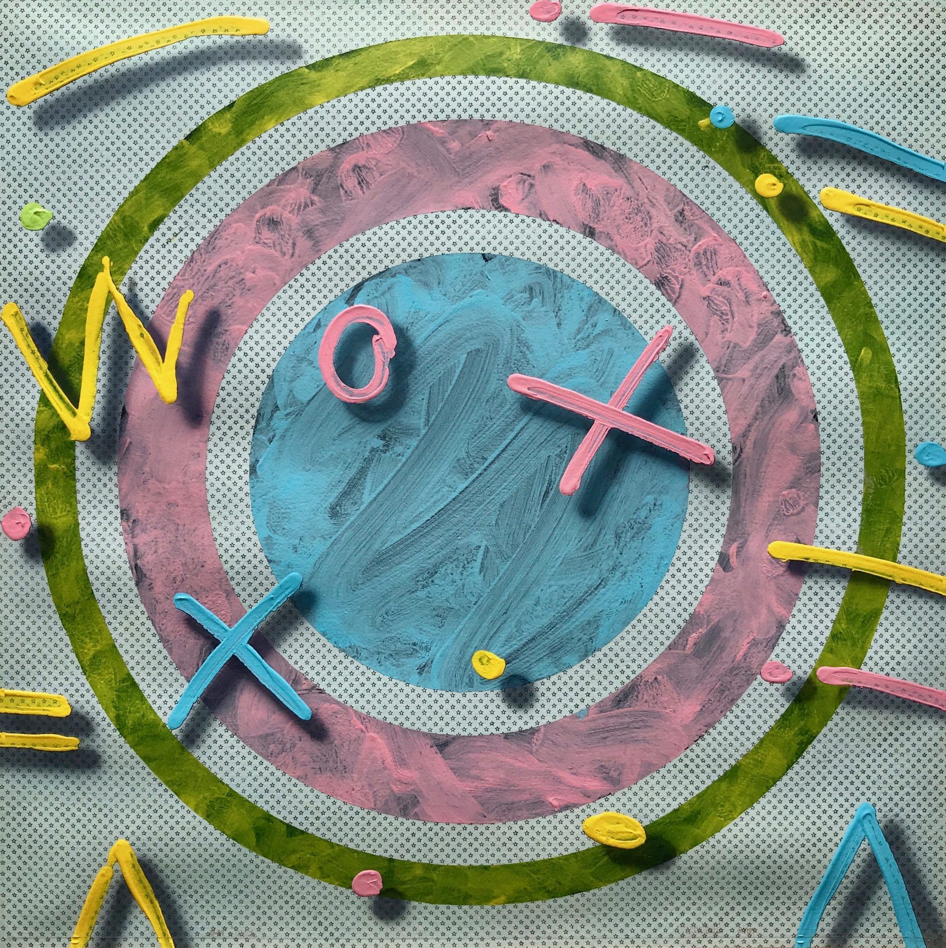 A colorful painting of a circle with letters in it