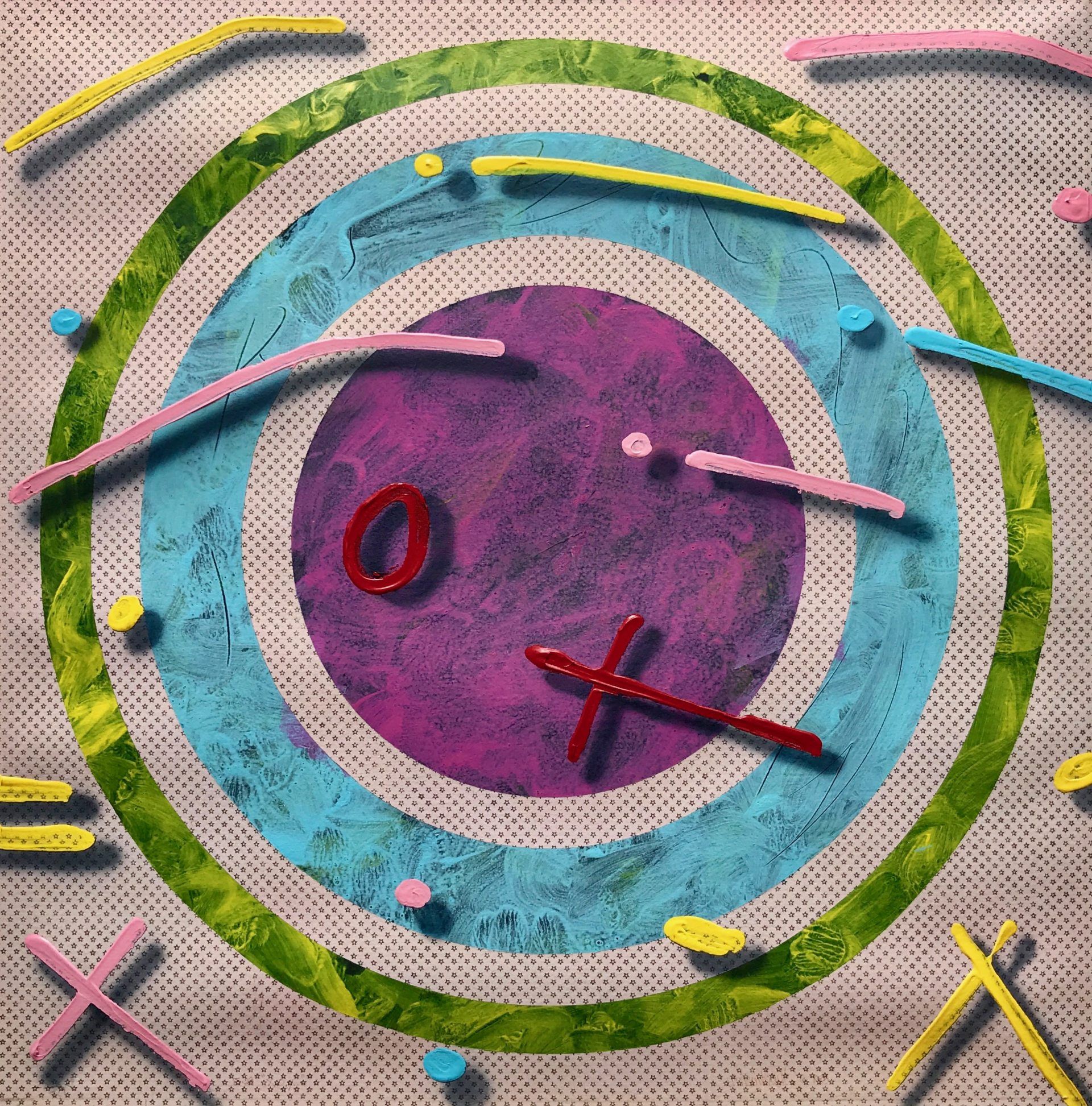 A colorful painting with a purple circle in the middle