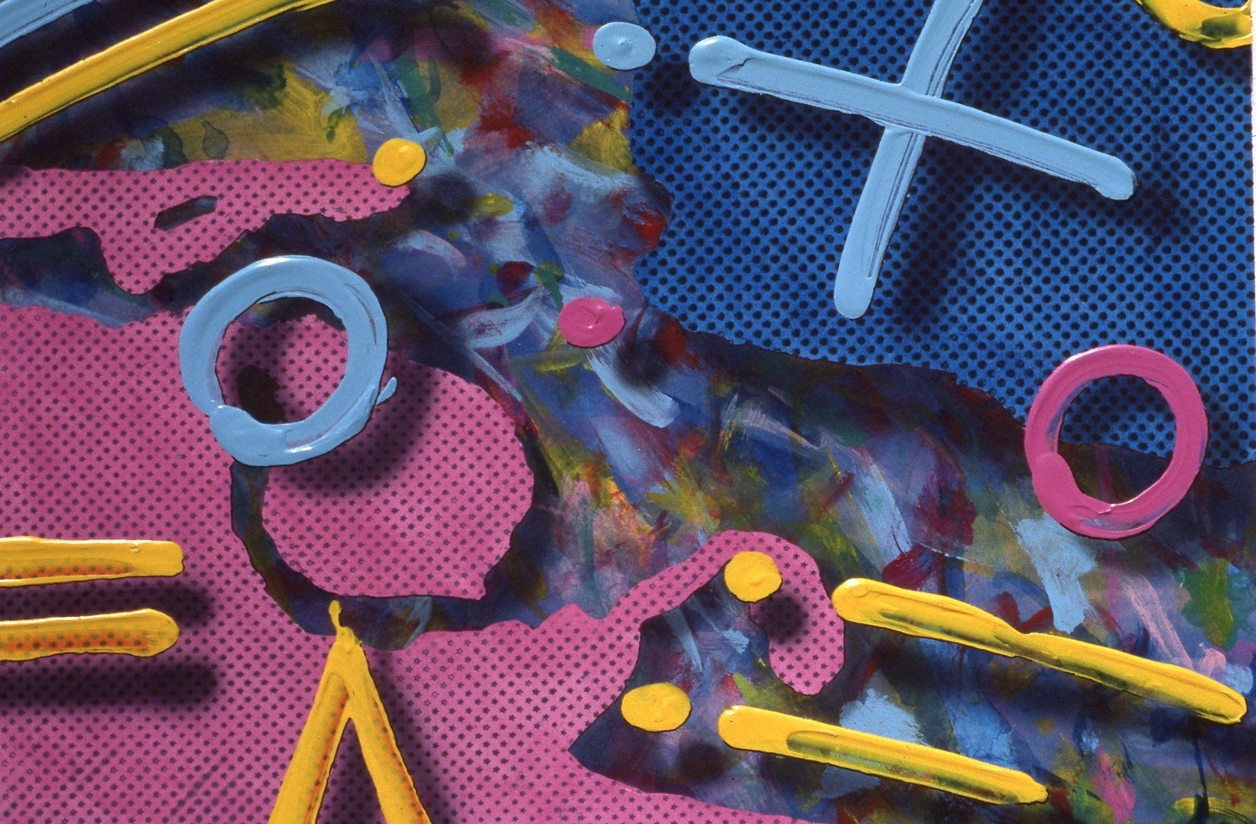 A close up of a colorful painting with circles and crosses