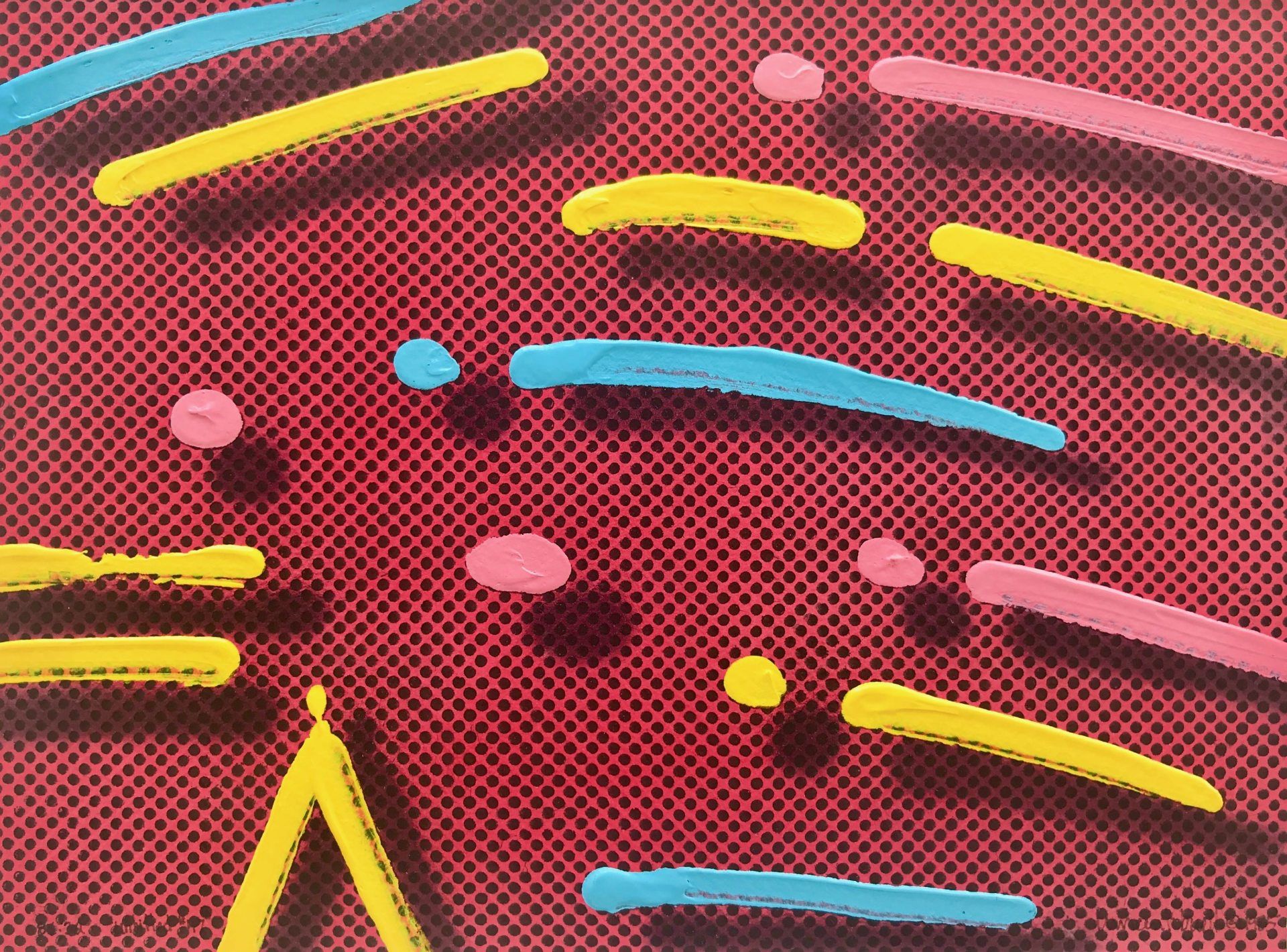 A red background with yellow , pink , and blue lines on it.