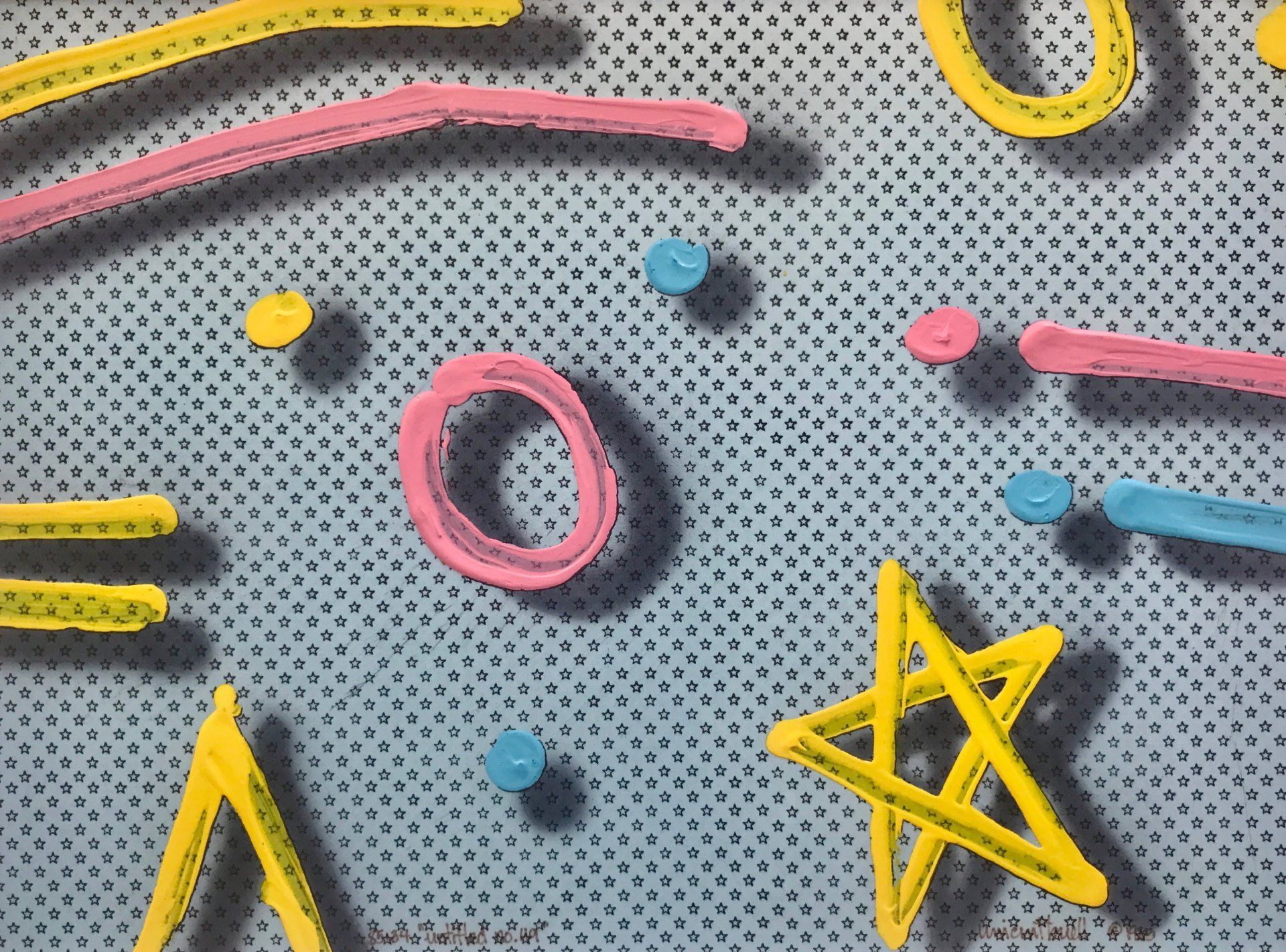 A bunch of colorful objects on a polka dot background