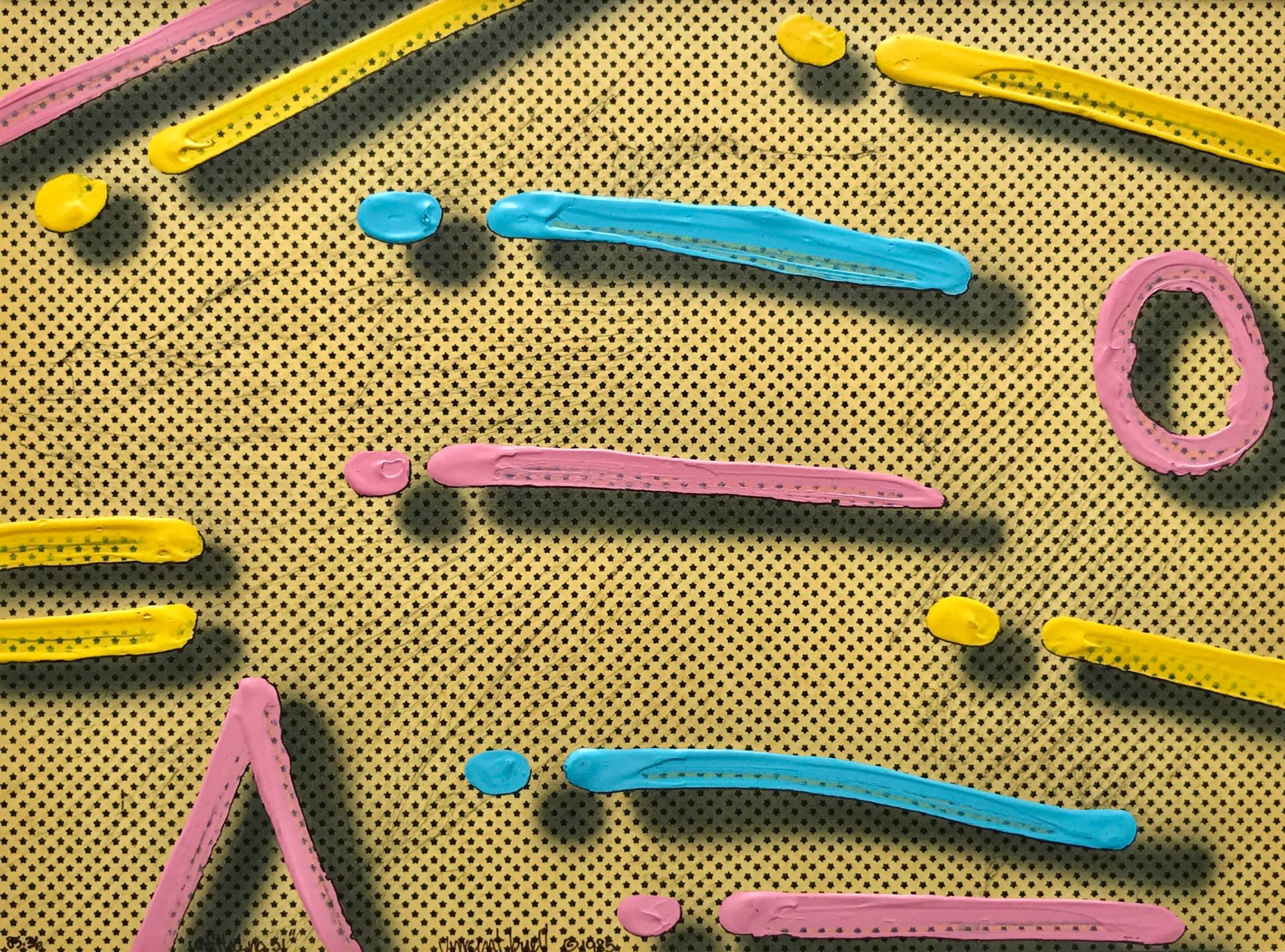 A close up of a painting of pink , yellow and blue sticks on a yellow background.