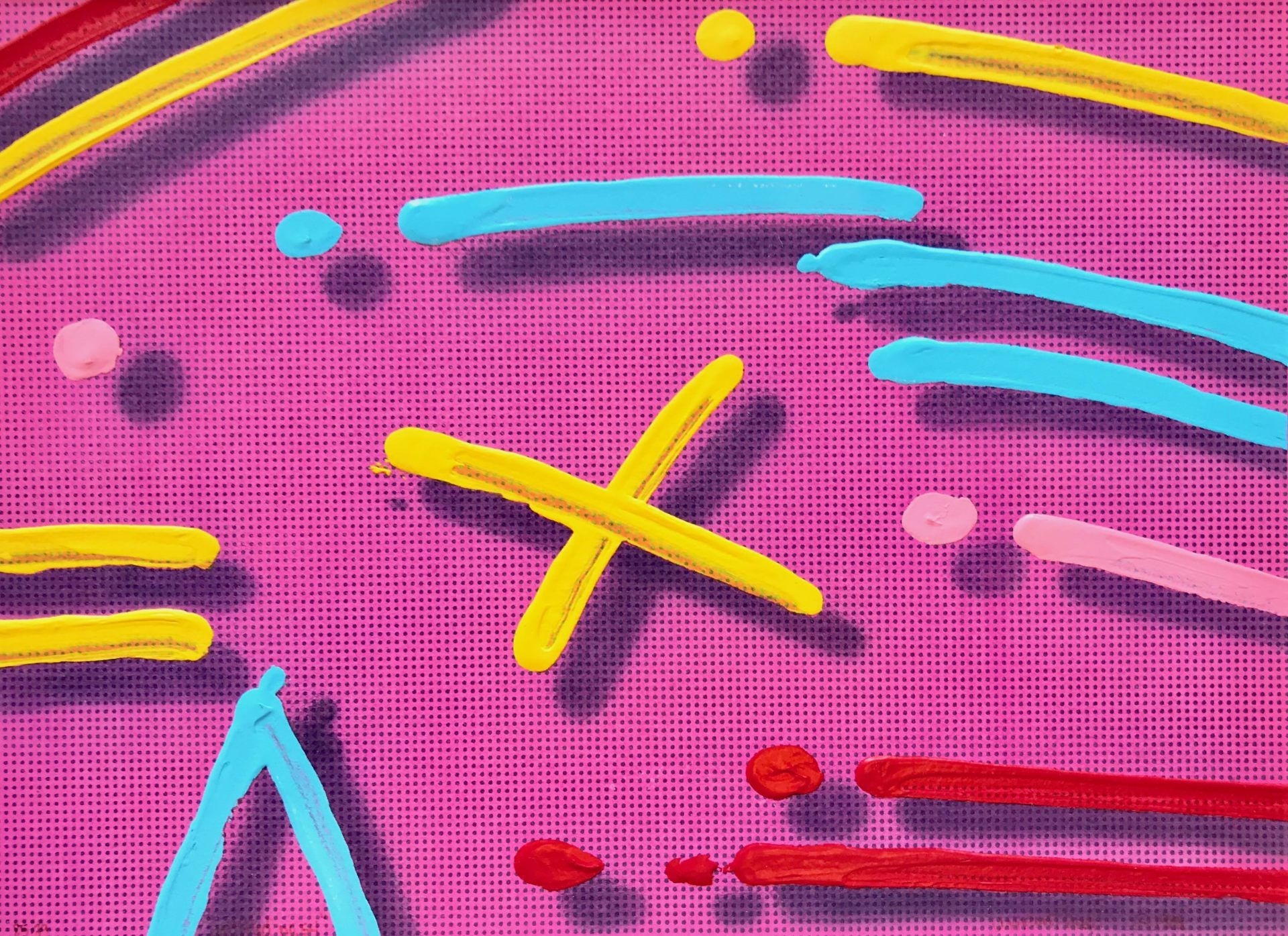 A painting of colorful sticks on a pink background.