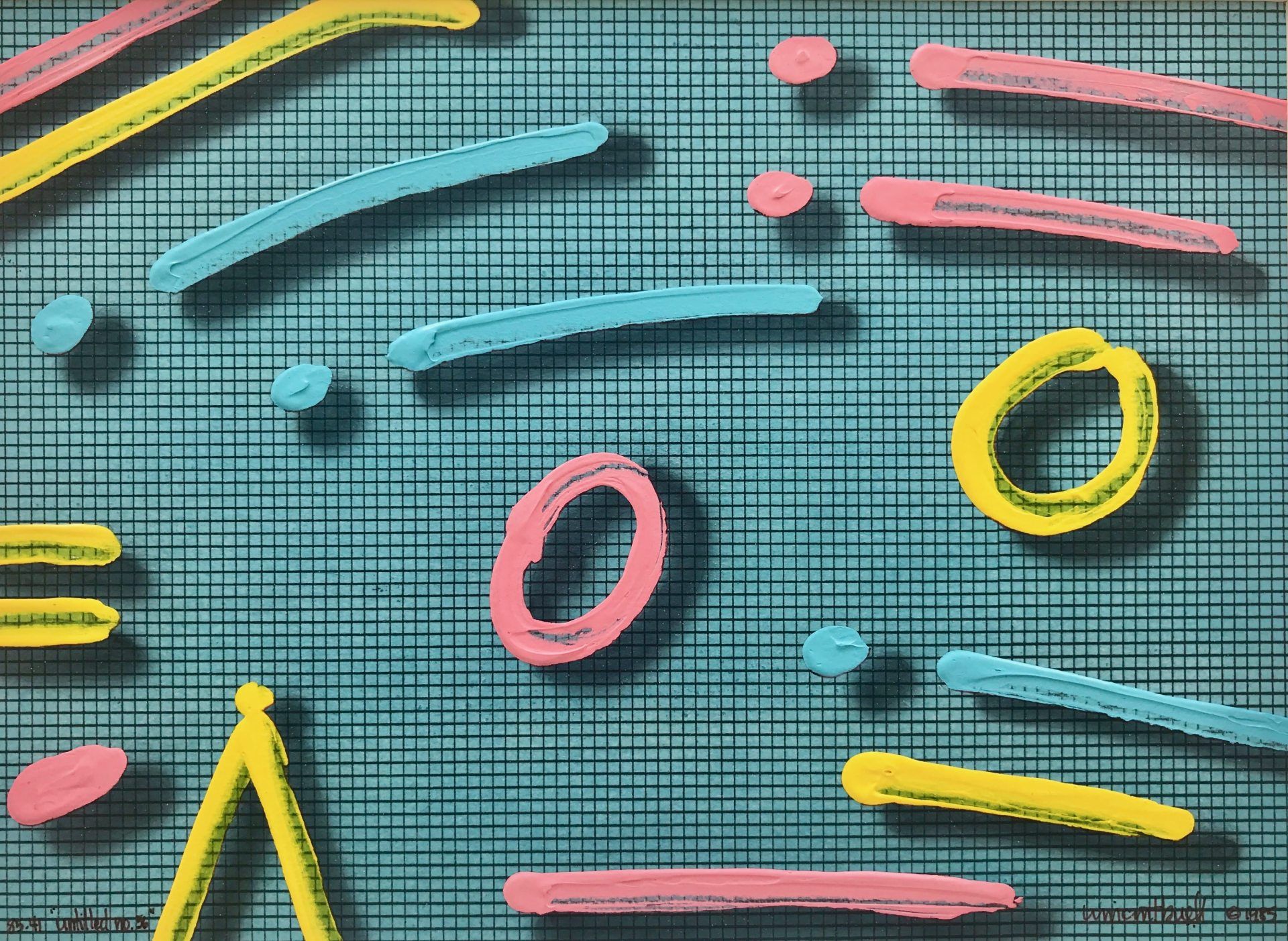 A bunch of colorful objects are on a blue checkered background.